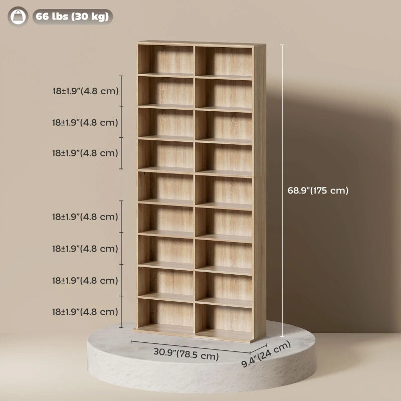 9-Tier DVD Shelf with 18 Compartments and 14 Adjustable Shelves, Holds 640 CDs, 360 DVDs or 430 Blu-rays, Natural Wood