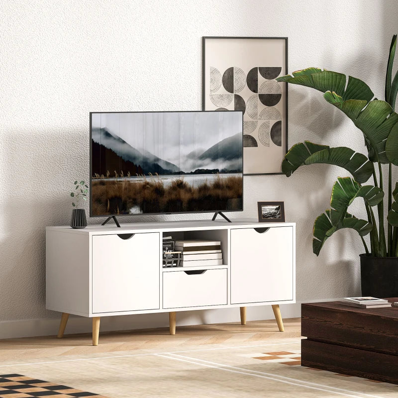 TV Stand with Storage for up to 50" TV, Modern TV Table with Open Shelf, Drawer and 2 Cabinets, White