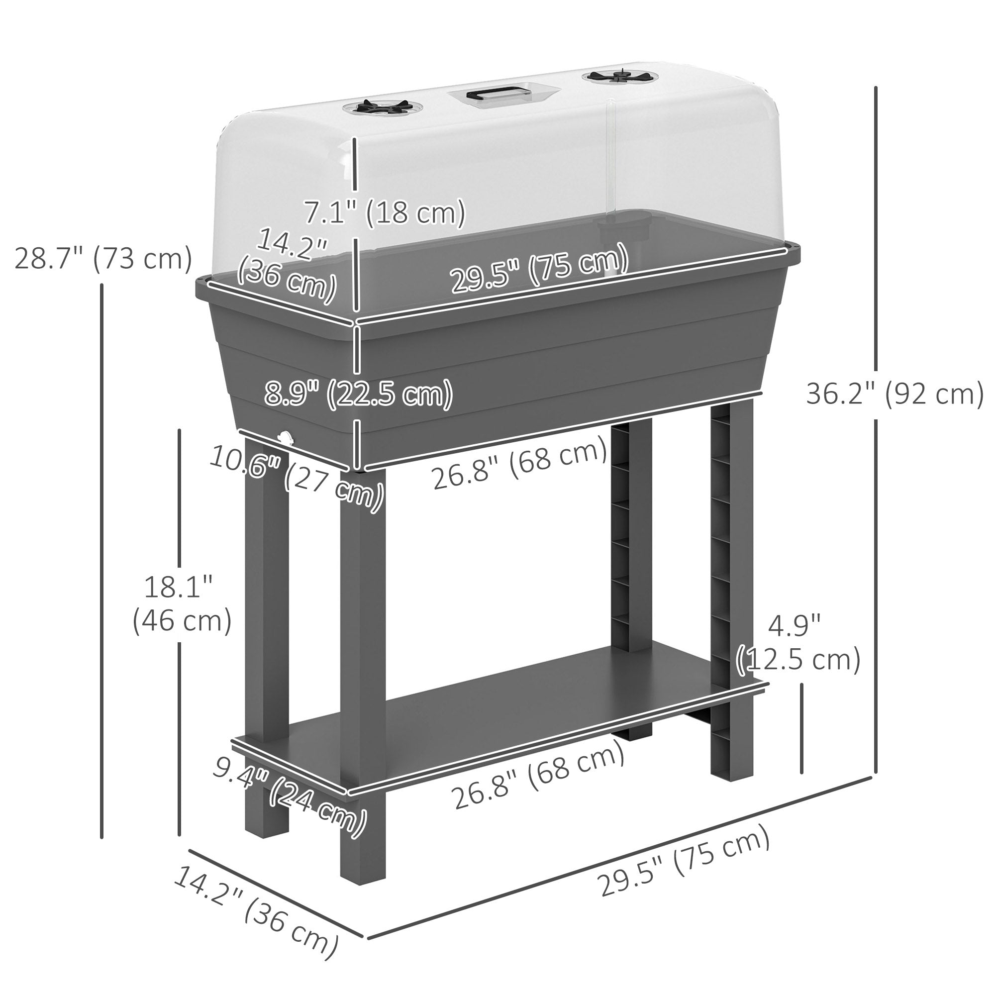 Outsunny 41L Self Watering Raised Garden Bed w/ Ventilation Transparent Lid Greenhouse, Planter Box w/ Storage Shelf, Dark Grey 