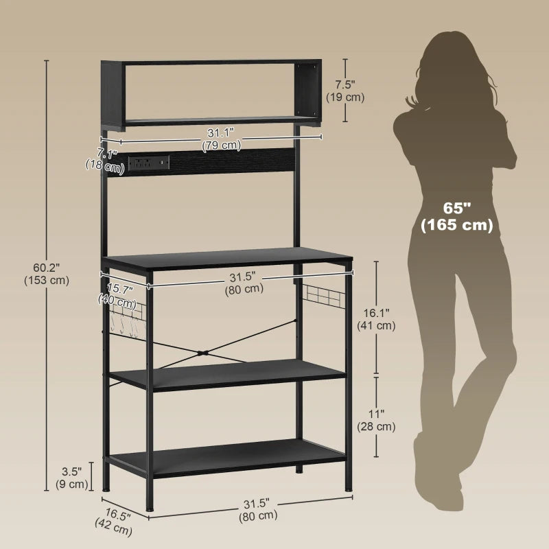Baker's Rack with Charing Station, Microwave Shelf with Power Outlet, USB Charger and 5 Hooks, Black