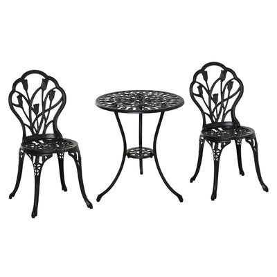 Outsunny Patio Bistro Set 3pc Cast Aluminum Outdoor Furniture with Umbrella Hole Garden Table & Chairs Black 