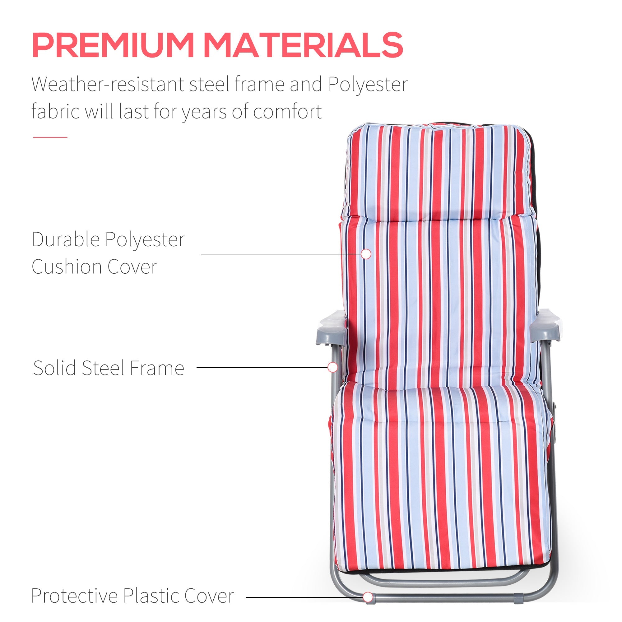 Outsunny Set of 2 Garden Sun Lounger, Outdoor Reclining Seat Cushioned Seat, Foldable Adjustable Recliner, Grey and Red 