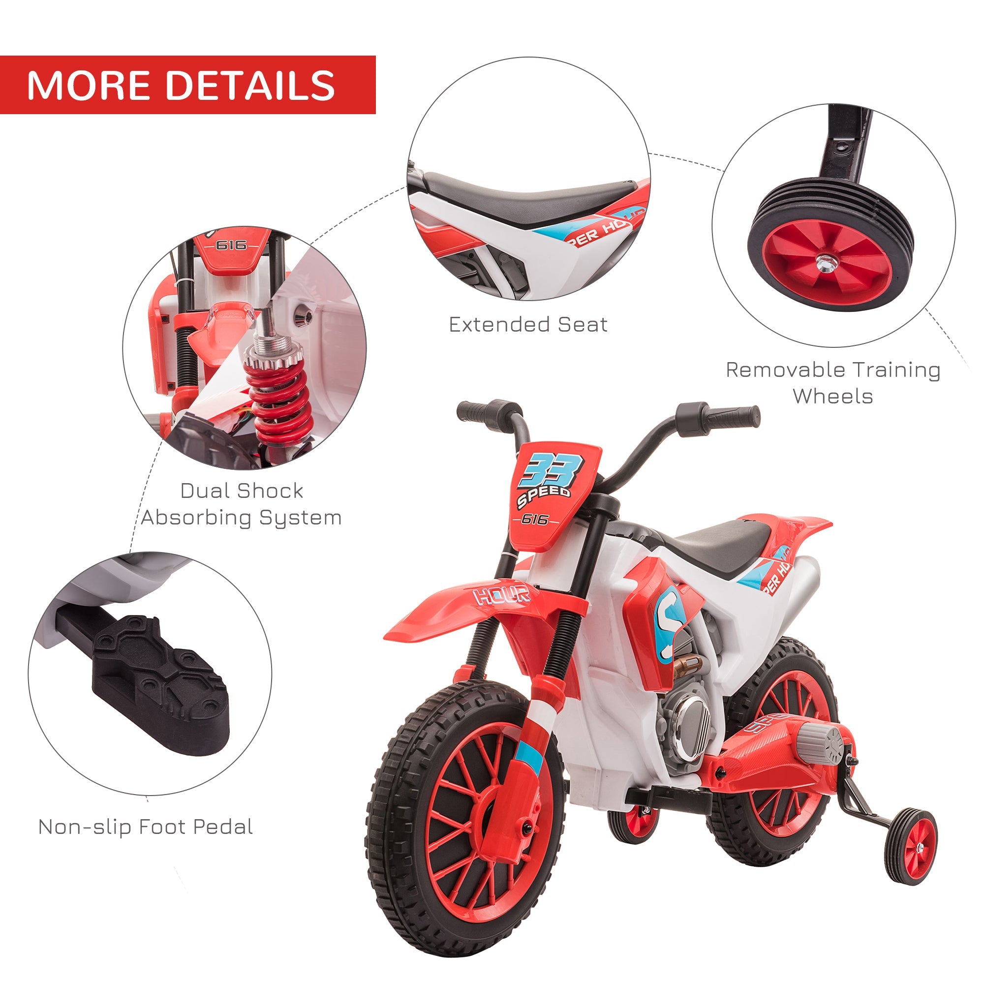 Aosom Electric Kids Dirt Bike Battery-Powered Ride-On Motorcycle 12V Training Wheels Red 