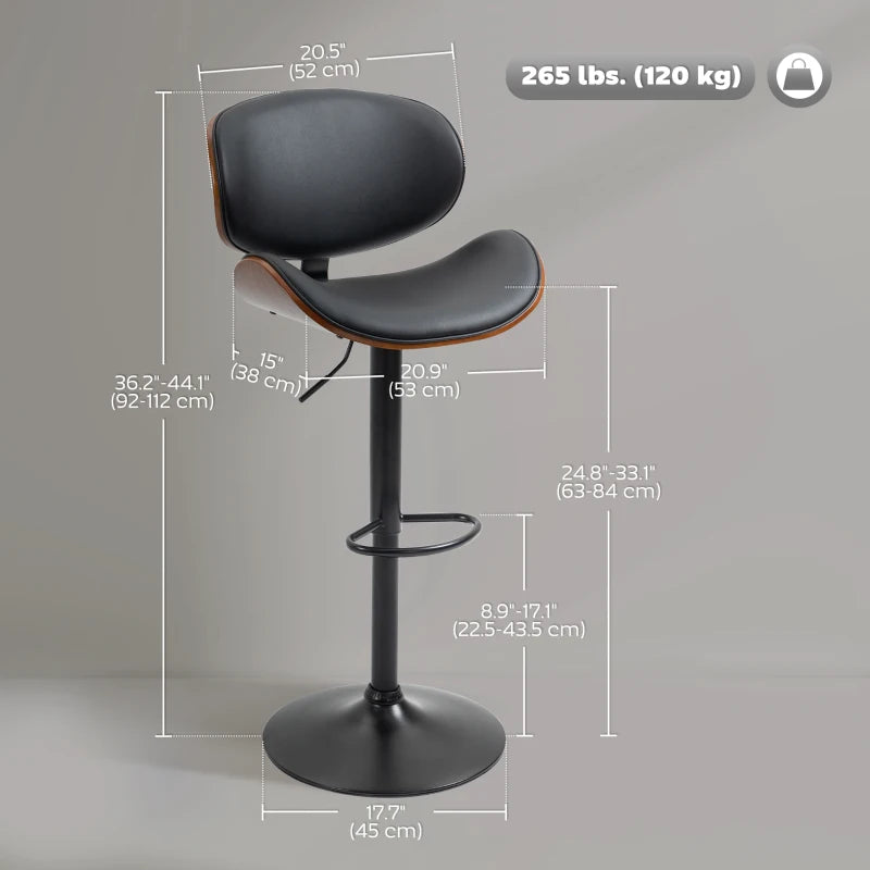 Bar Stools Set of 2, Modern PU Leather Adjustable Swivel Barstools with Curved Back, Footrest and Steel Base, Black