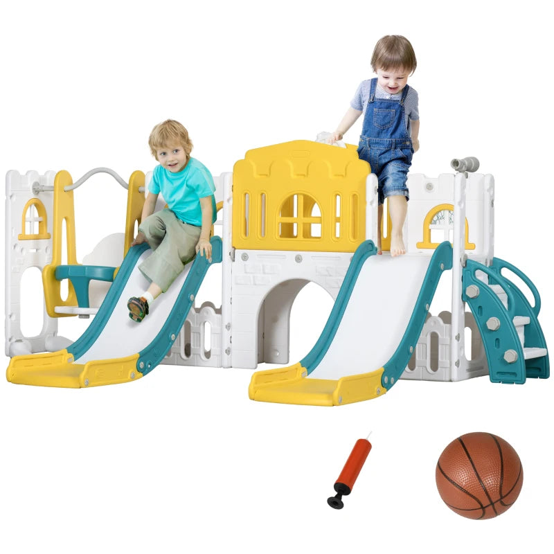 Qaba 8 in 1 Slide and Swing Set, Toddler Slide Set with Basketball Hoop, Climber, Steering Wheel, for Aged 1-3 Years, Yellow