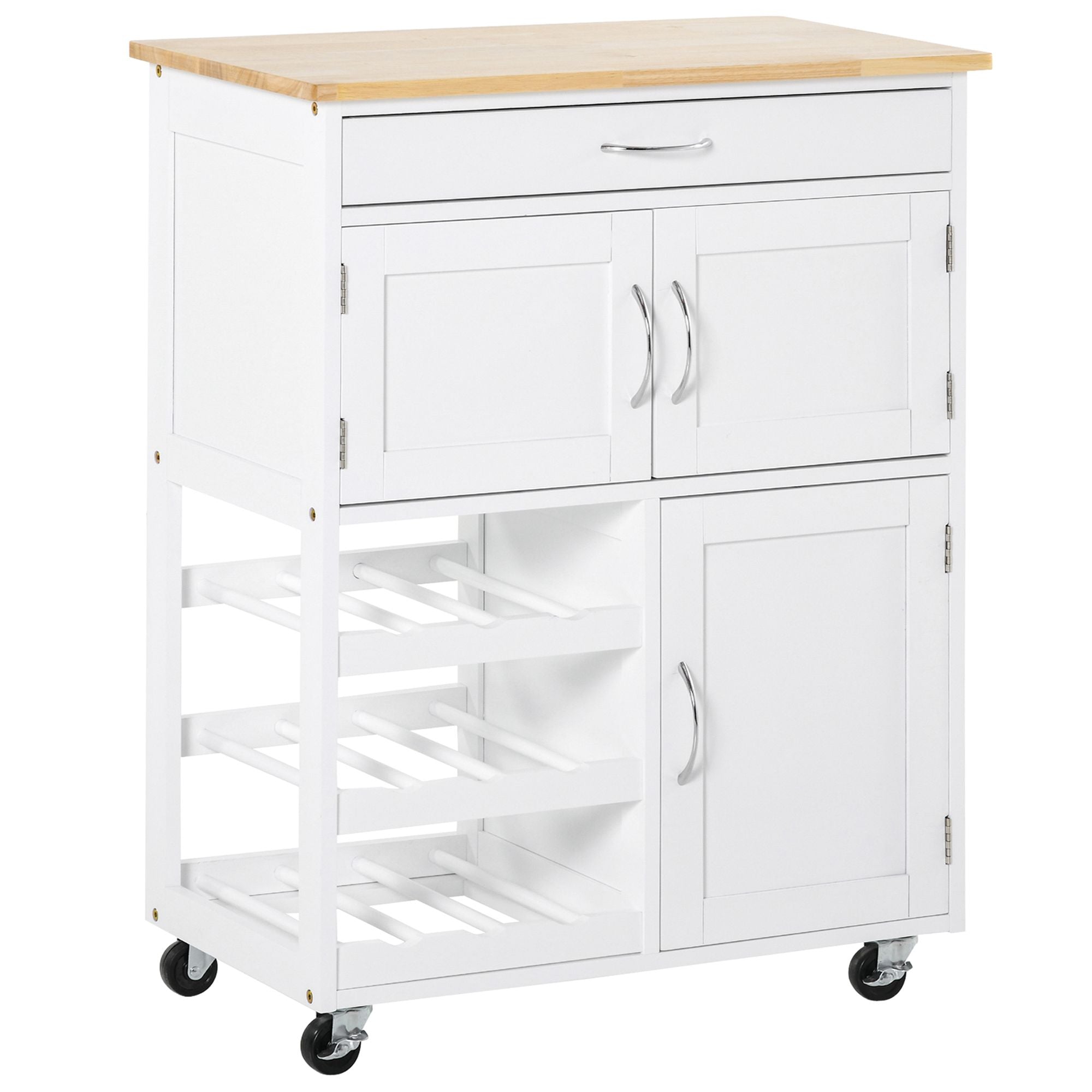 HOMCOM Kitchen Island on Wheels with Storage Drawer 9-bottle Wine Rack Cabinet Wooden Countertop White Rolling Cart 