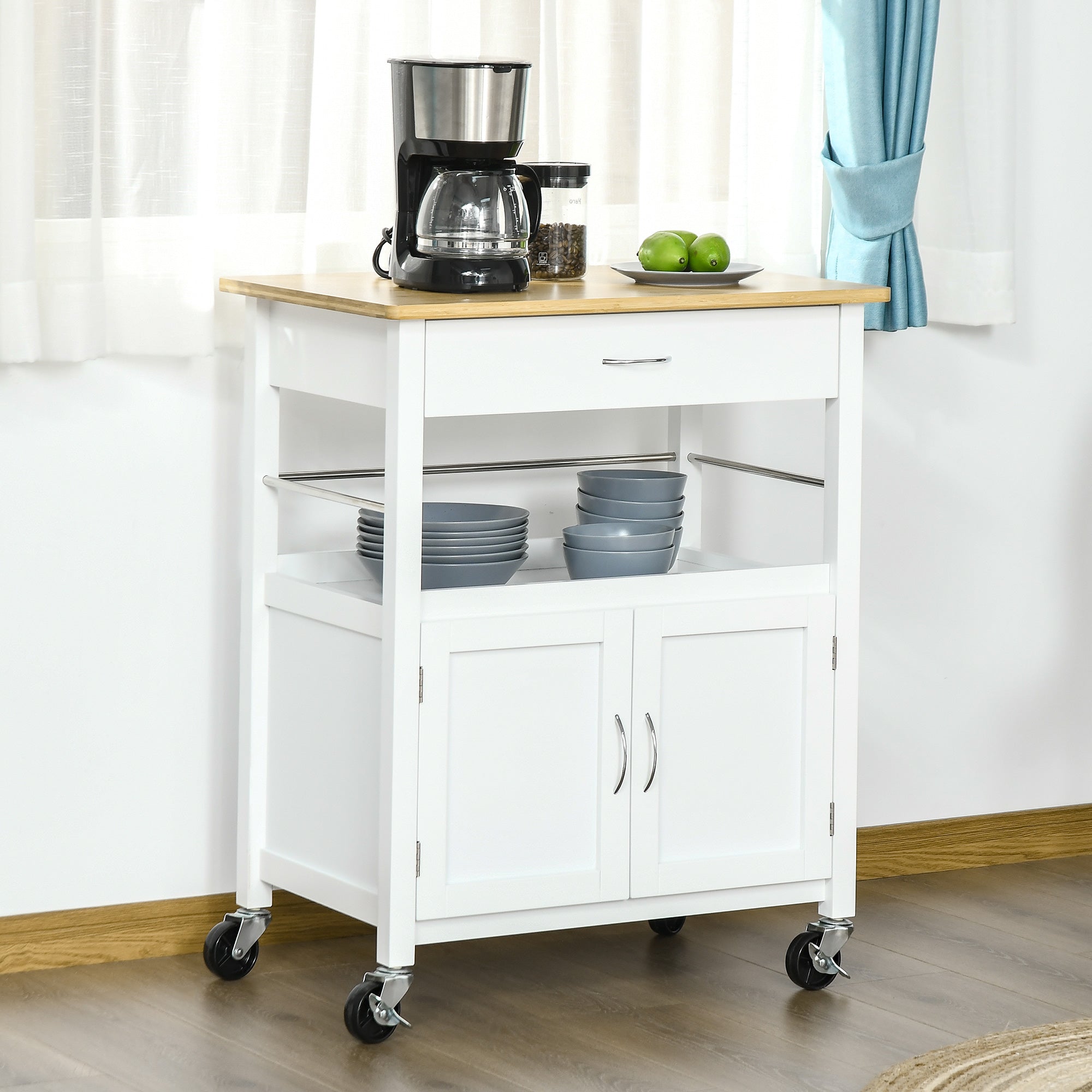 HOMCOM White Mobile Utility Trolley: Kitchen Island Cart with Drawer, Side Hooks & Dining Room Storage 