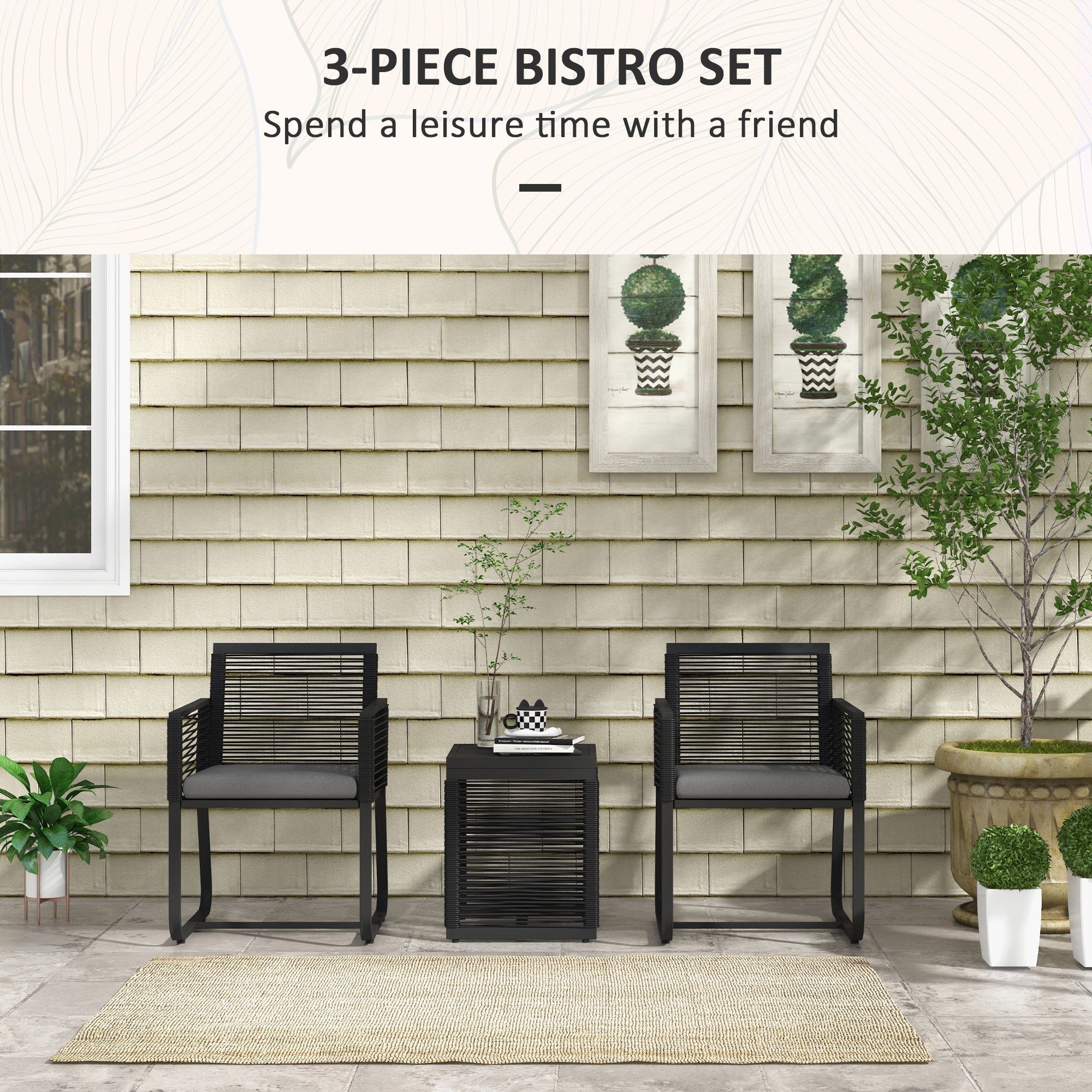 Outsunny 3-Piece PE Rattan Patio Bistro Set with Cushions & Tempered Glass Table, Outdoor Furniture for Garden, Black 