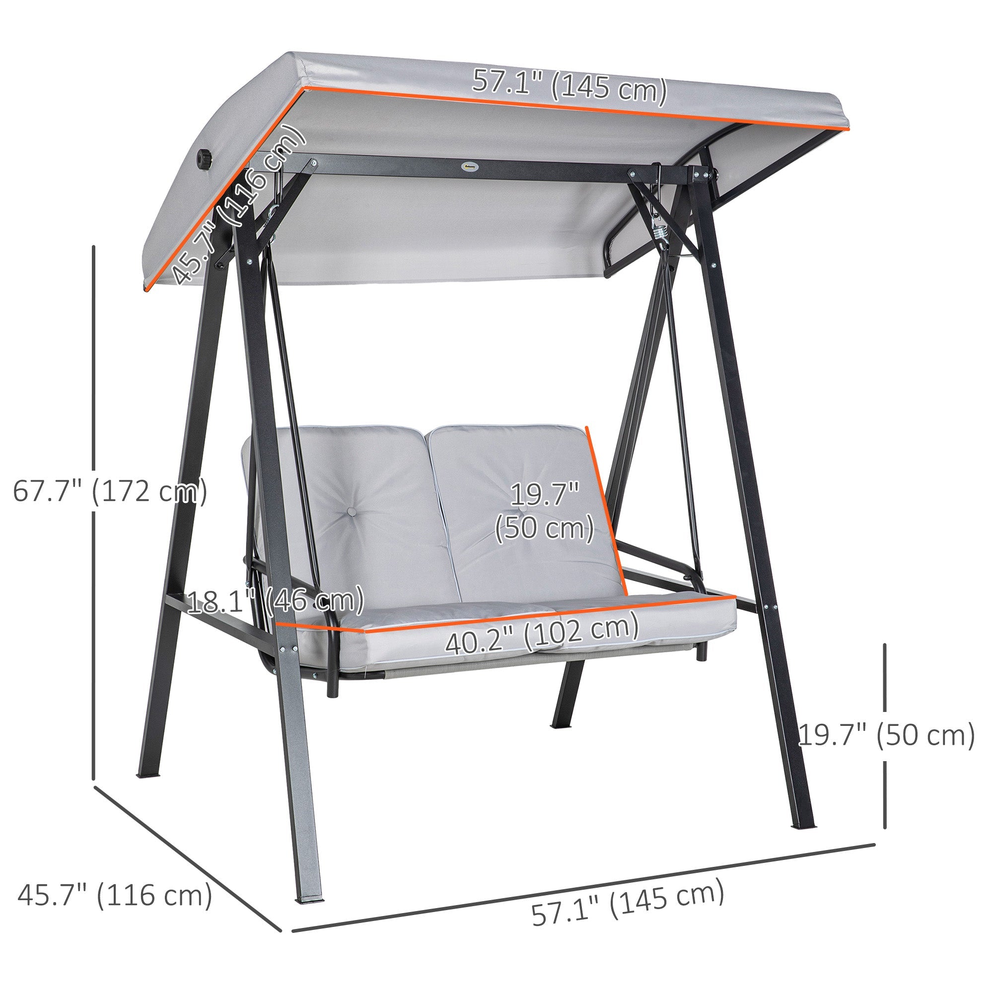 Outsunny 2-Seater Outdoor Porch Swing with Adjustable Canopy Patio Swing Chair for Garden Poolside Backyard in Grey 