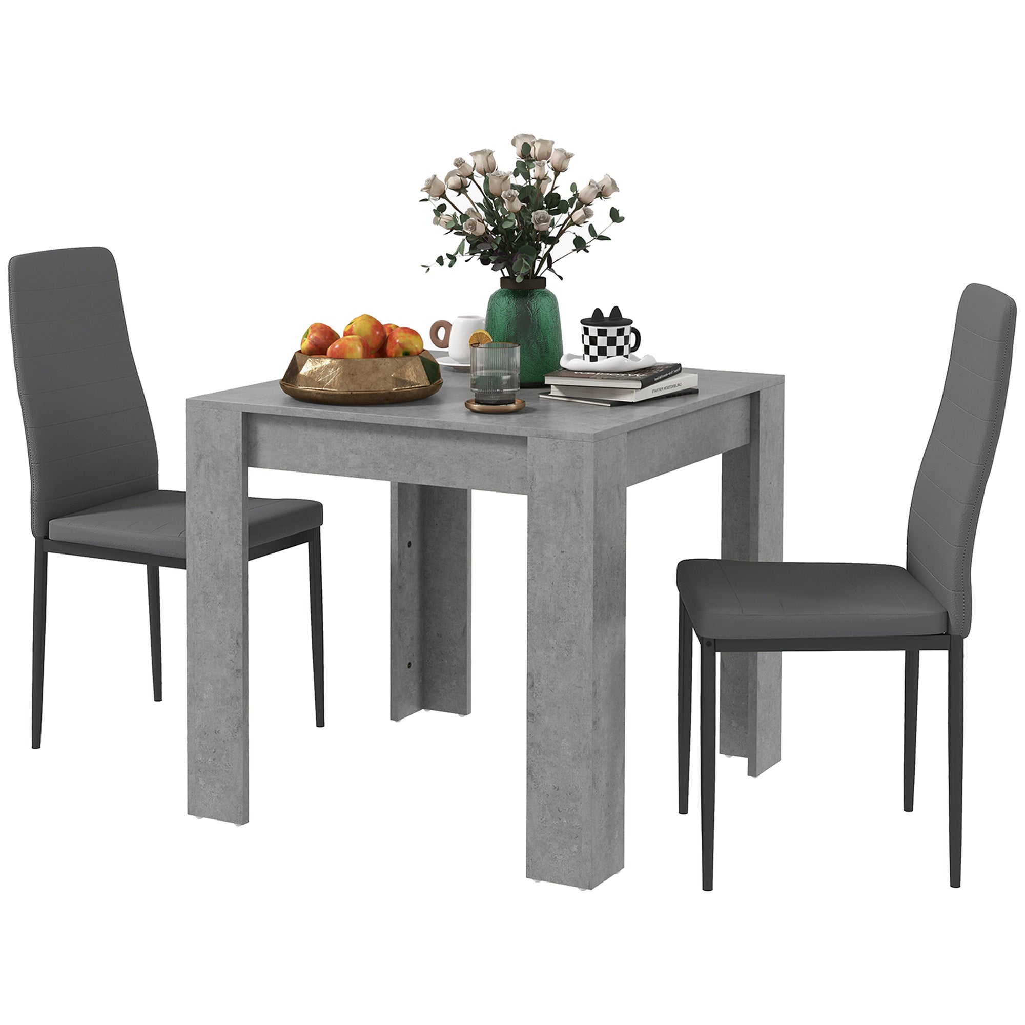 HOMCOM 2-Person Dining Set Square Faux Cement Table PU Leather Chairs Compact Kitchen Furniture for Small Spaces 