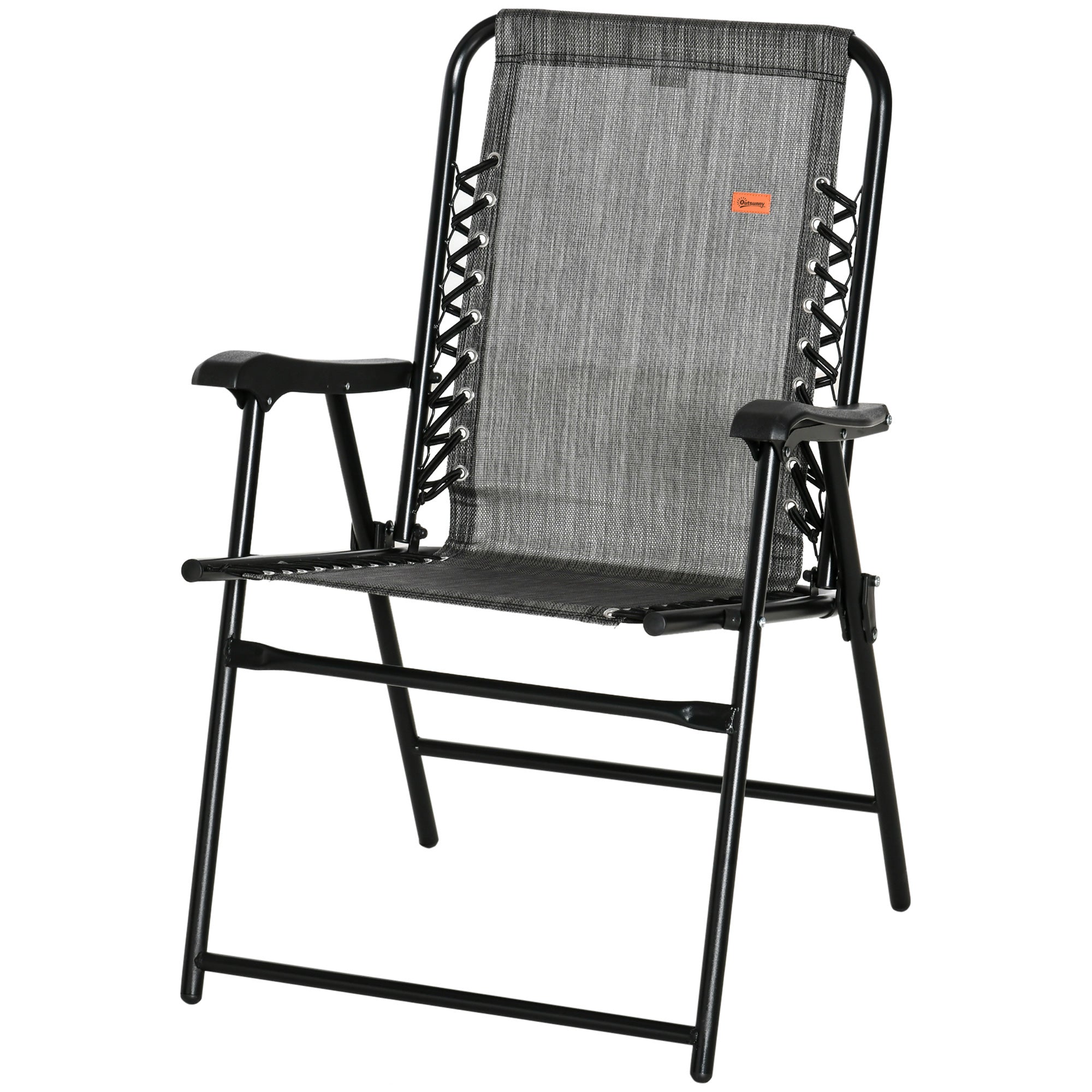 Outsunny Outdoor Folding Chair, Bungee Sling Foldable Chair with Armrests, Folding Lawn Chair for Camping, Garden, Pool, Beach, Backyard, Grey 
