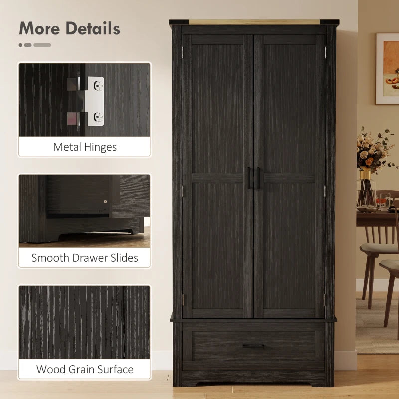 69" Tall Farmhouse Kitchen Pantry Cabinet with 2 Doors, Drawer and Adjustable Shelves, Black and Brown