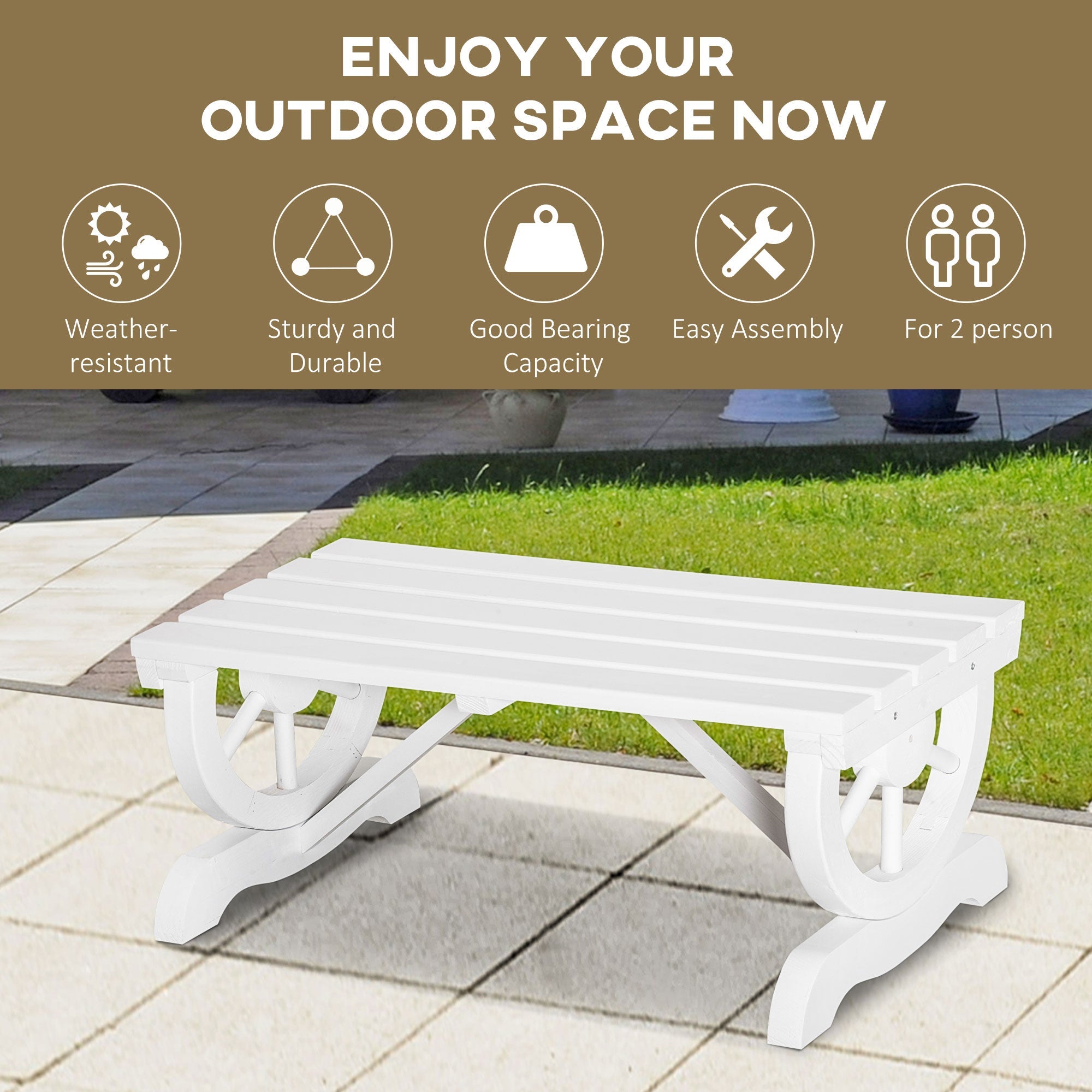 Outsunny Rustic Wood Wheel Outdoor Garden Bench for 2-Person with a Unique Wheel Design on the Legs & Strong Build, White 