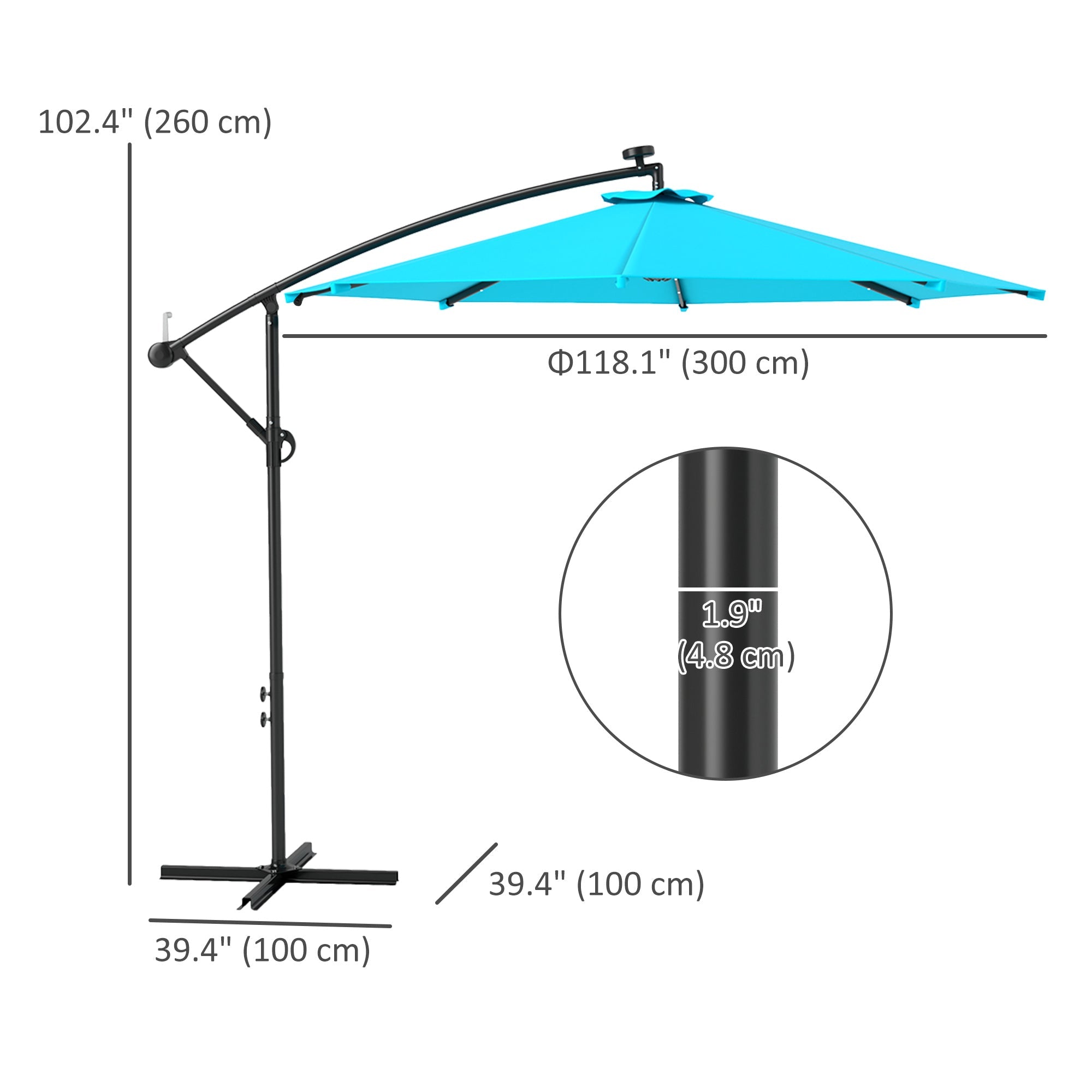 Outsunny 10ft Outdoor Cantilever Umbrella Banana Umbrella with Solar Lights and Adjustable Angle for Patio Backyard Turquoise 