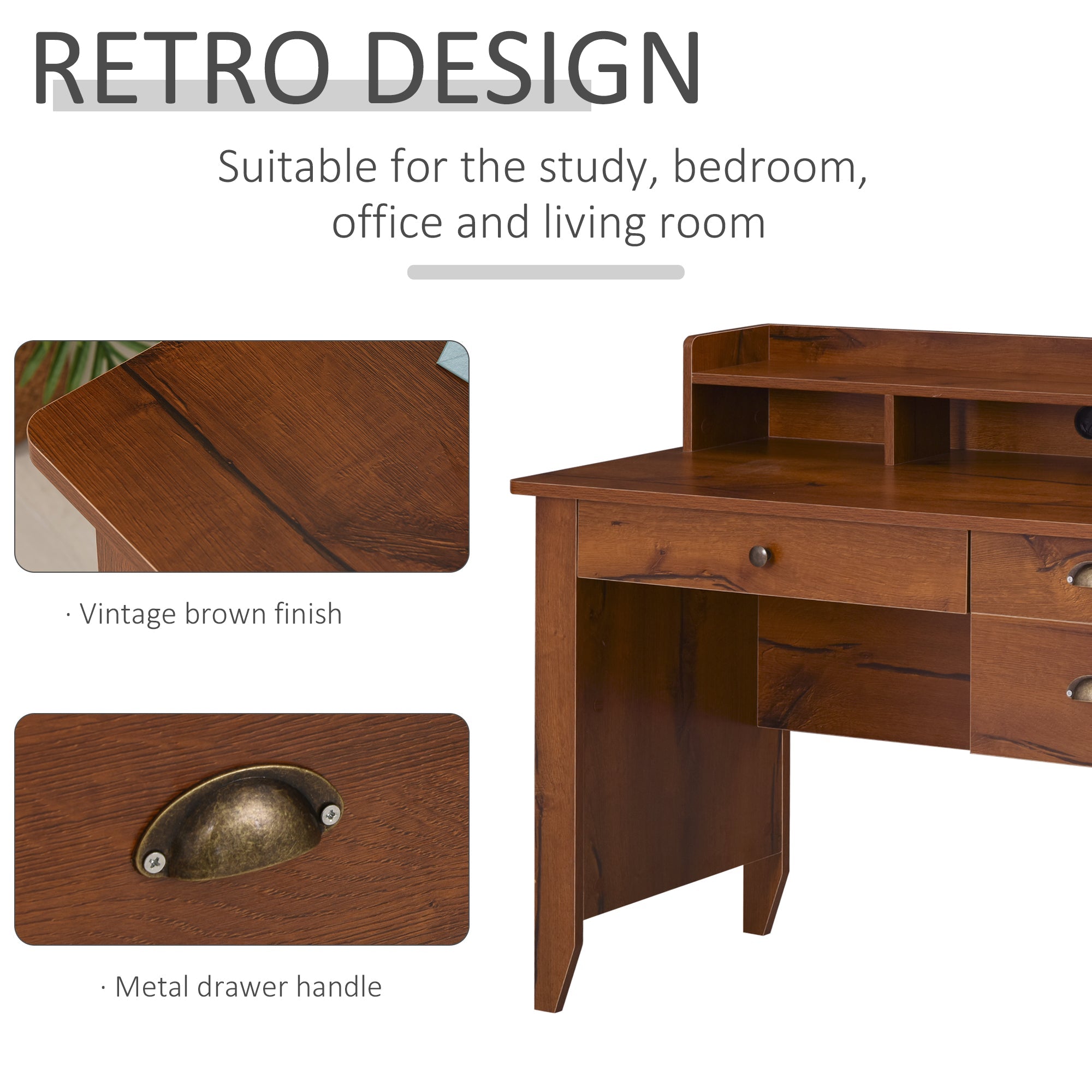 HOMCOM Home Office Desk with Hutch Storage Brown Writing Table with Drawers Shelf & Cable Management for Study Workstation 
