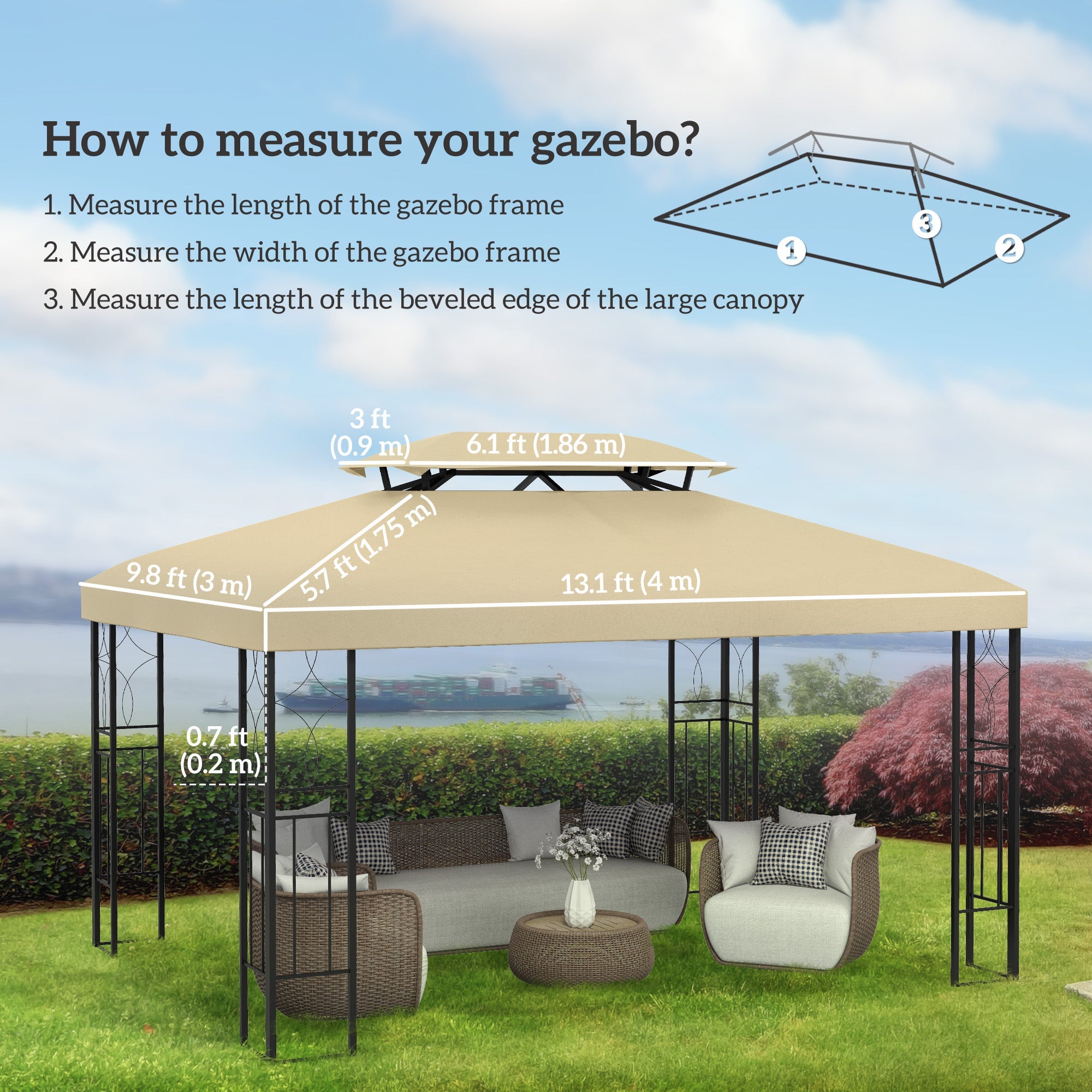Outsunny 13.1' x 9.8' Gazebo Cover, Gazebo Replacement Canopy with 2 Tier Top for Garden, Patio, Outdoor, Beige 