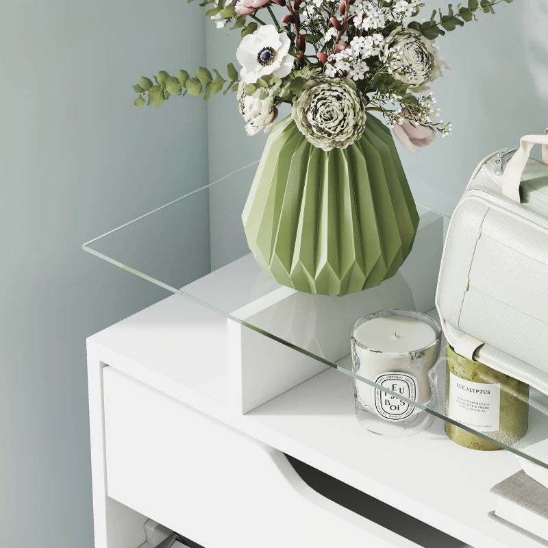High Gloss Shoe Cabinet with 2 Flip Drawers and Adjustable Shelves, Narrow Shoe Storage Cabinet with Glass Top, White