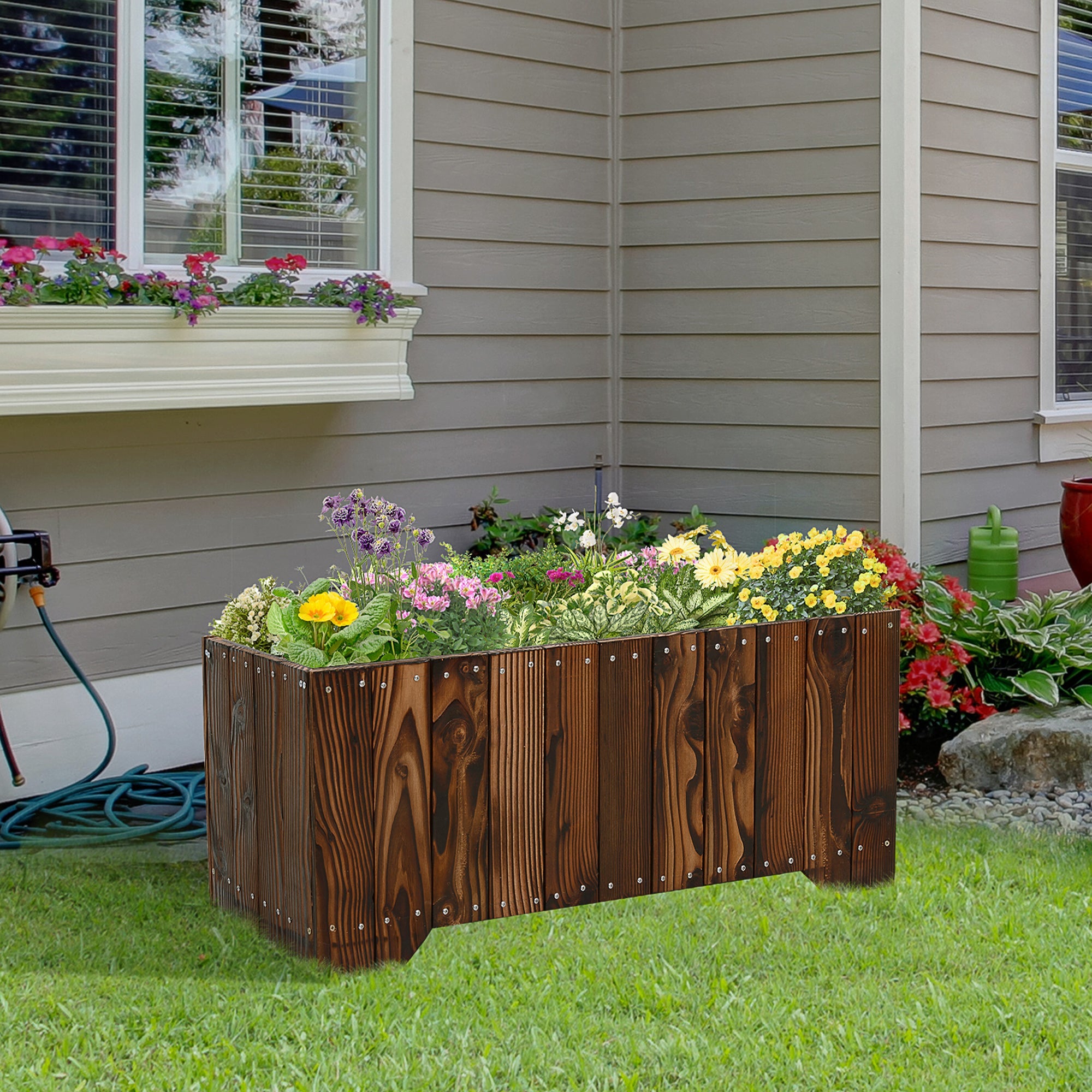 Outsunny Wooden Raised Garden Bed 37.5"x15" Outdoor Rectangular Planter Box for Vegetables Flowers Elevated Vegetable Planter 