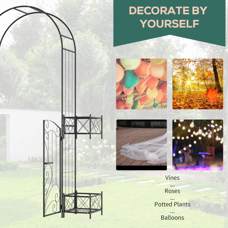7.1FT Metal Garden Arch with Gate and 4 Planter Boxes, Garden Arbor Trellis for Climbing Plants, Outdoor Wedding, Decoration, Bridal Party, Black