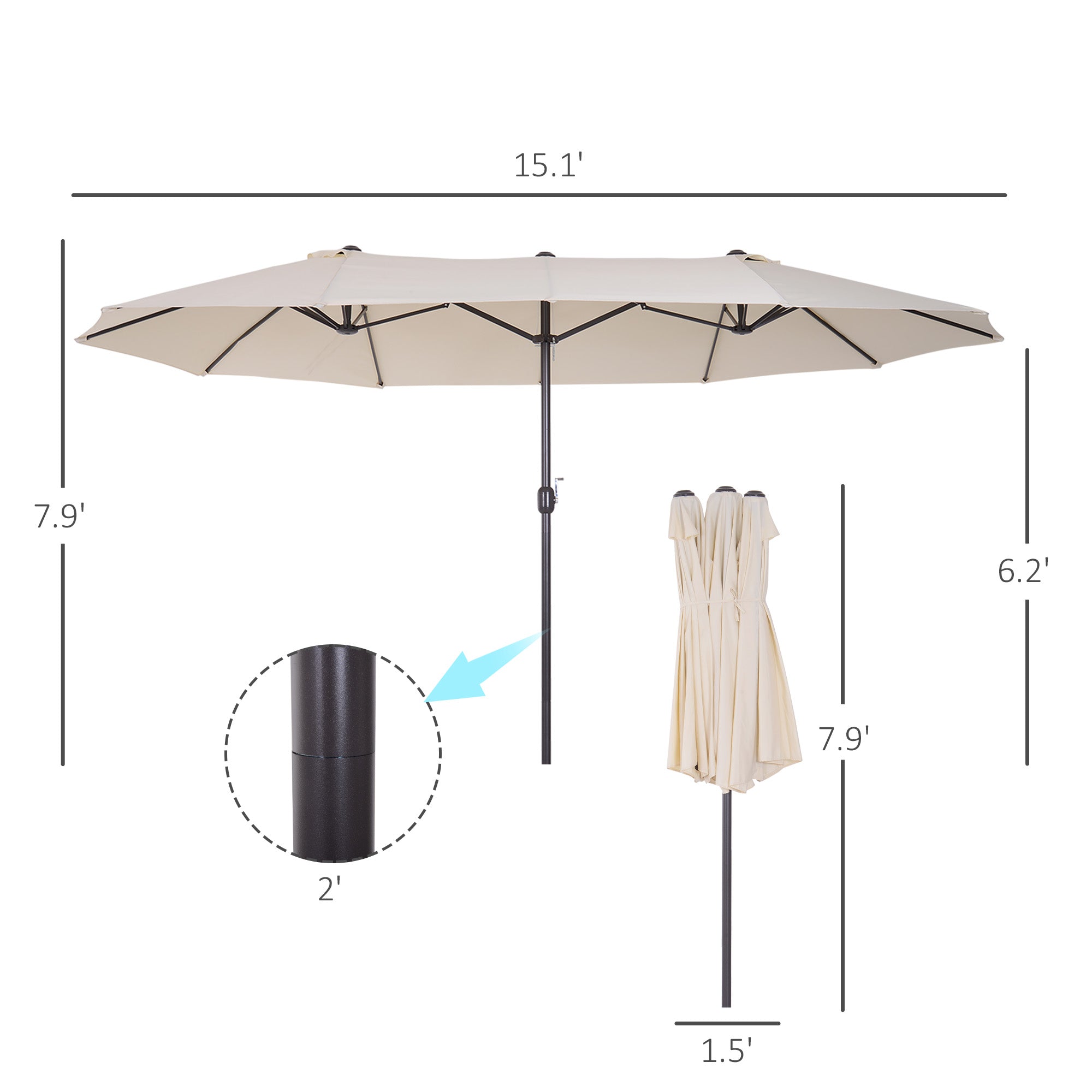 Outsunny 15ft Double-Sided Patio Umbrella Rectangular Parasol Sun Shelter Canopy Shade UV Protection w/ Hand Crank 