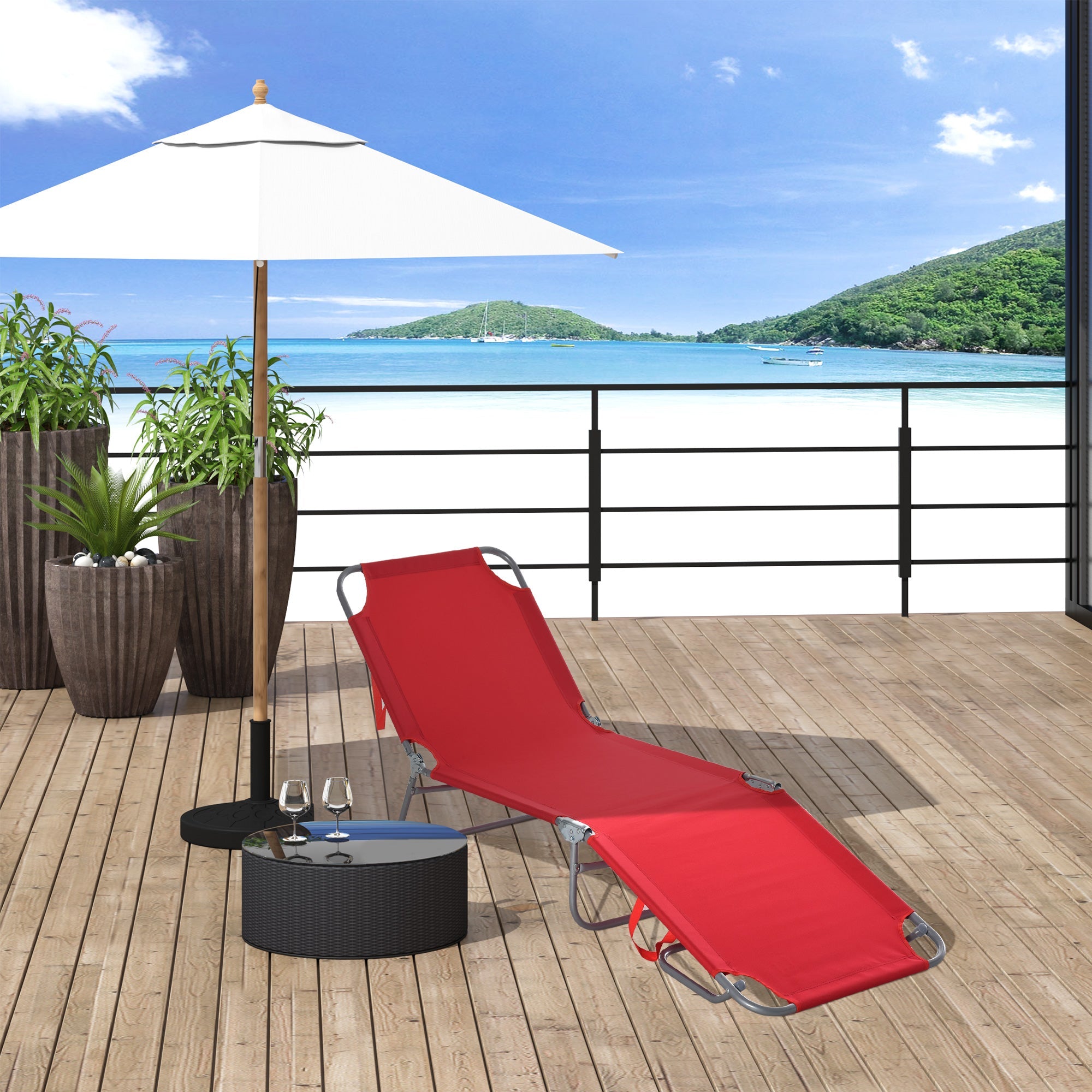 Outsunny Reclining Beach Chaise Lounge Portable Folding Cot Adjustable Sun Lounger Outdoor Red 