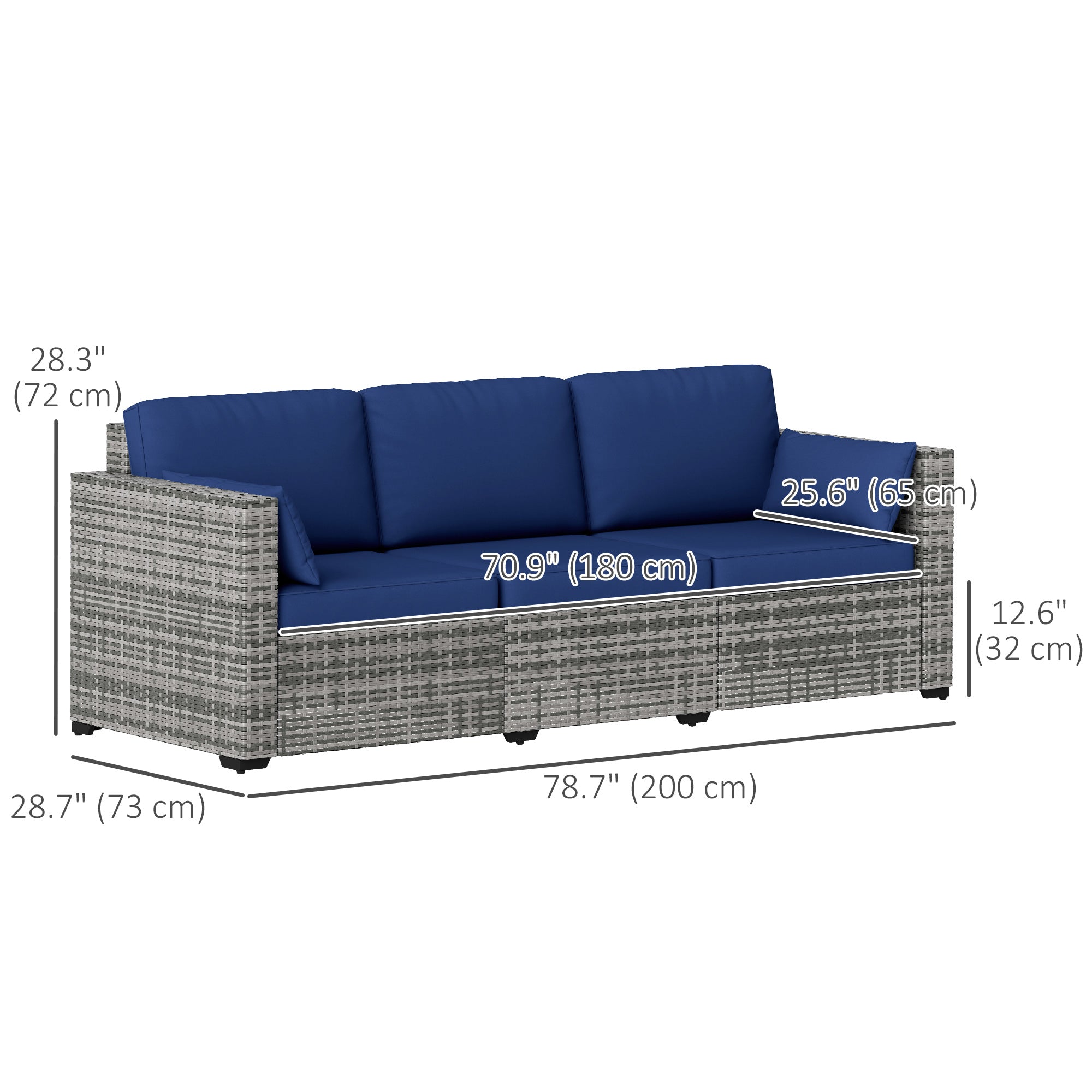 Outsunny 3-Seater Outdoor Sofa with Cushions, PE Rattan Conversation Patio Couch with Pillows for Garden, Poolside, Dark Blue 