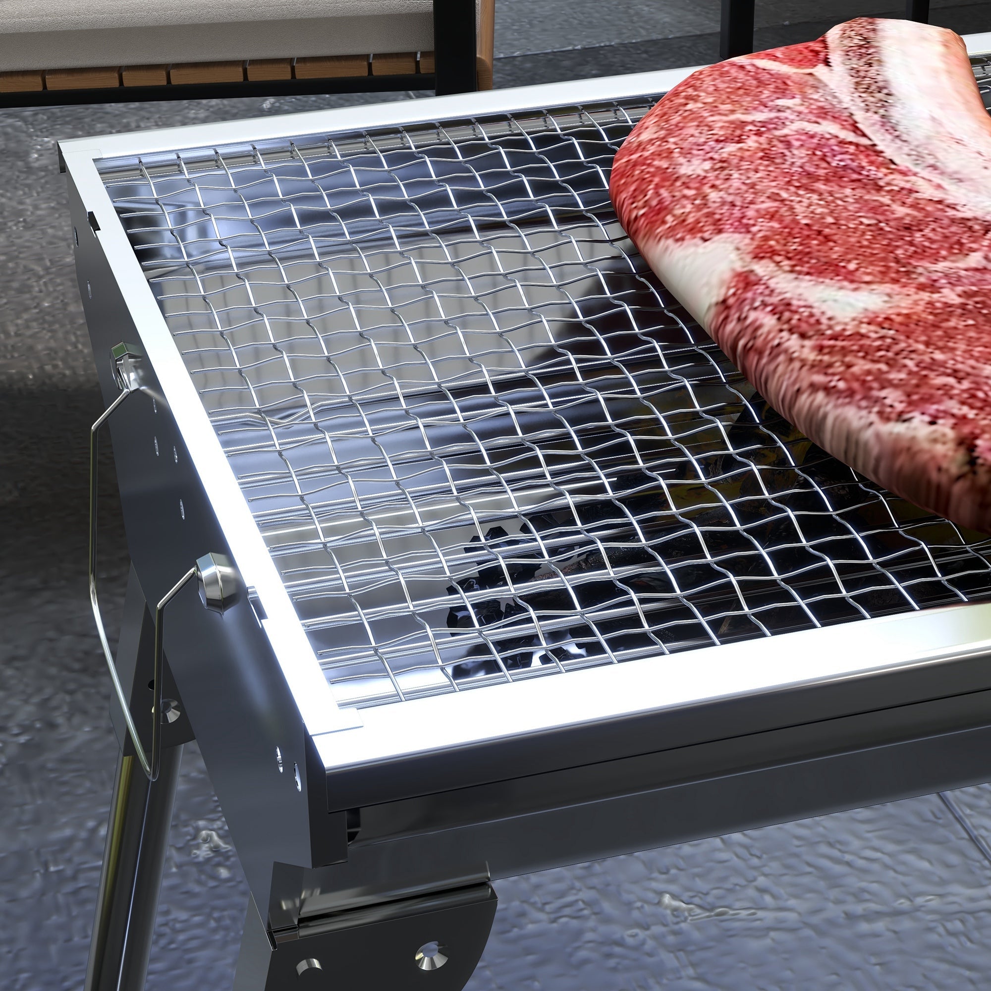 Outsunny Charcoal Grill Stainless Steel 37.8" x 13.4" Portable BBQ with Handles Tongs Cooking Camping Picnic Silver 