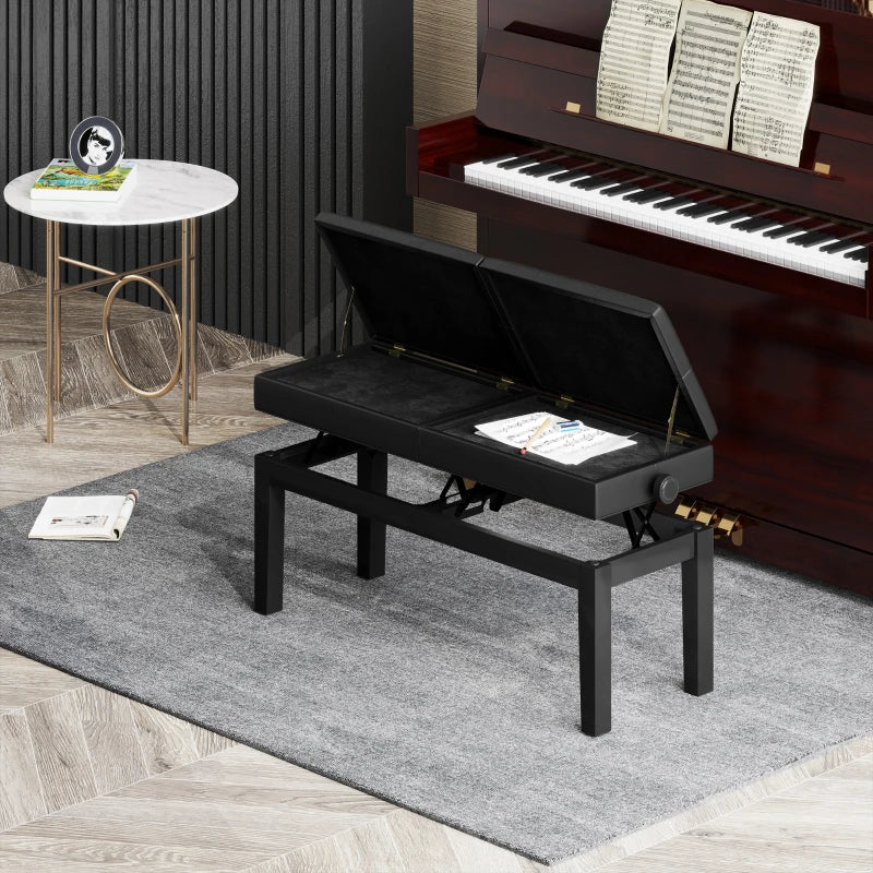Piano Bench with Storage, Height Adjustable Piano Stool, PU Leather Tufted Keyboard Seat, Black