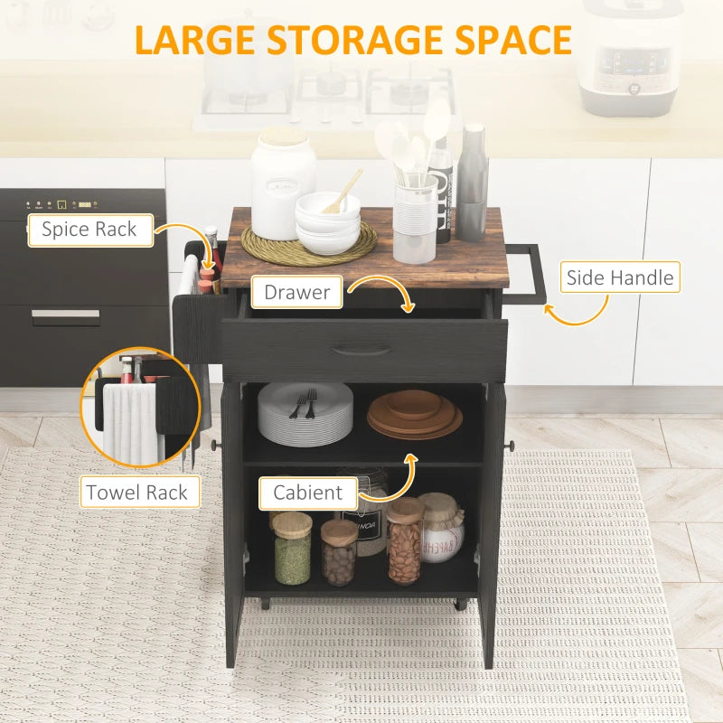 Modern Rolling Kitchen Island Cart with Drawer, Natural Wood Top, Towel Rack, Door Storage Cabinet, Distressed Black