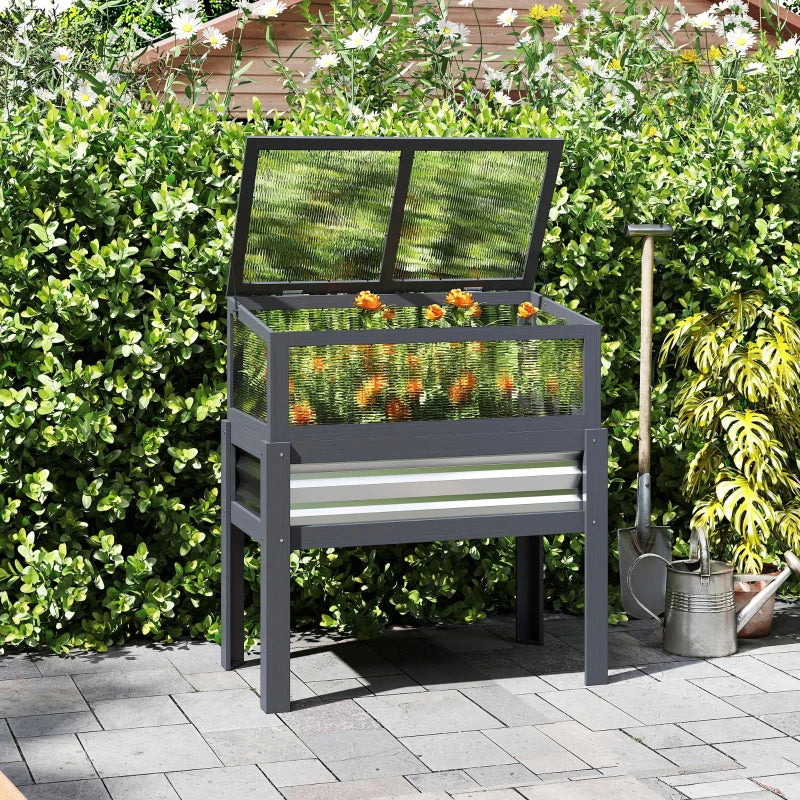 Raised Garden Bed with Flip-Up Greenhouse Top, Wooden Elevated Planter Box with Legs and Liner, Grey