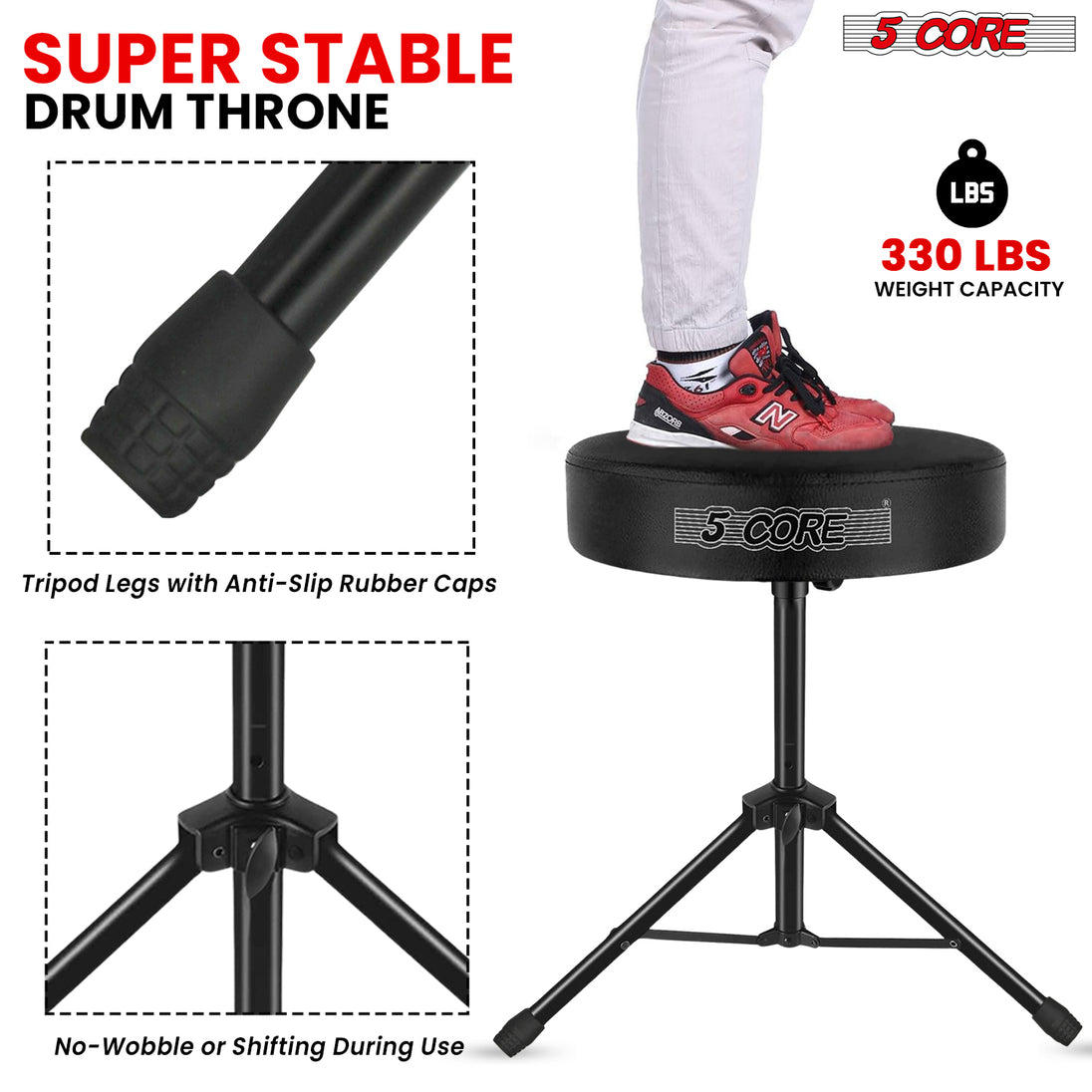 5Core Drum Throne Adjustable Guitar Stool Padded Drummer Seat for Adults & Kids BLACK