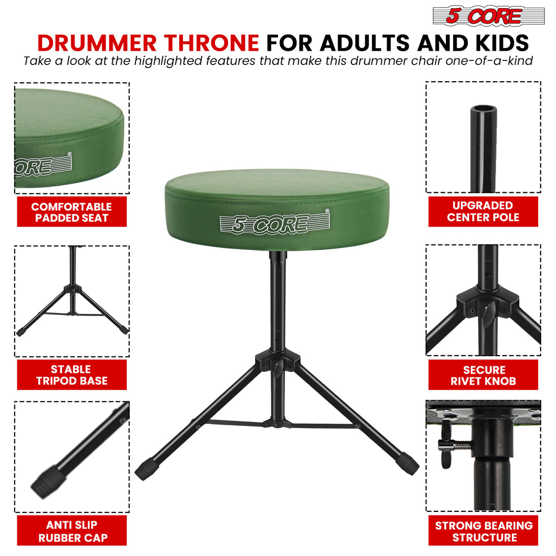 5Core Drum Throne Adjustable Guitar Stool Padded Drummer Seat for Adults & Kids Dark Green