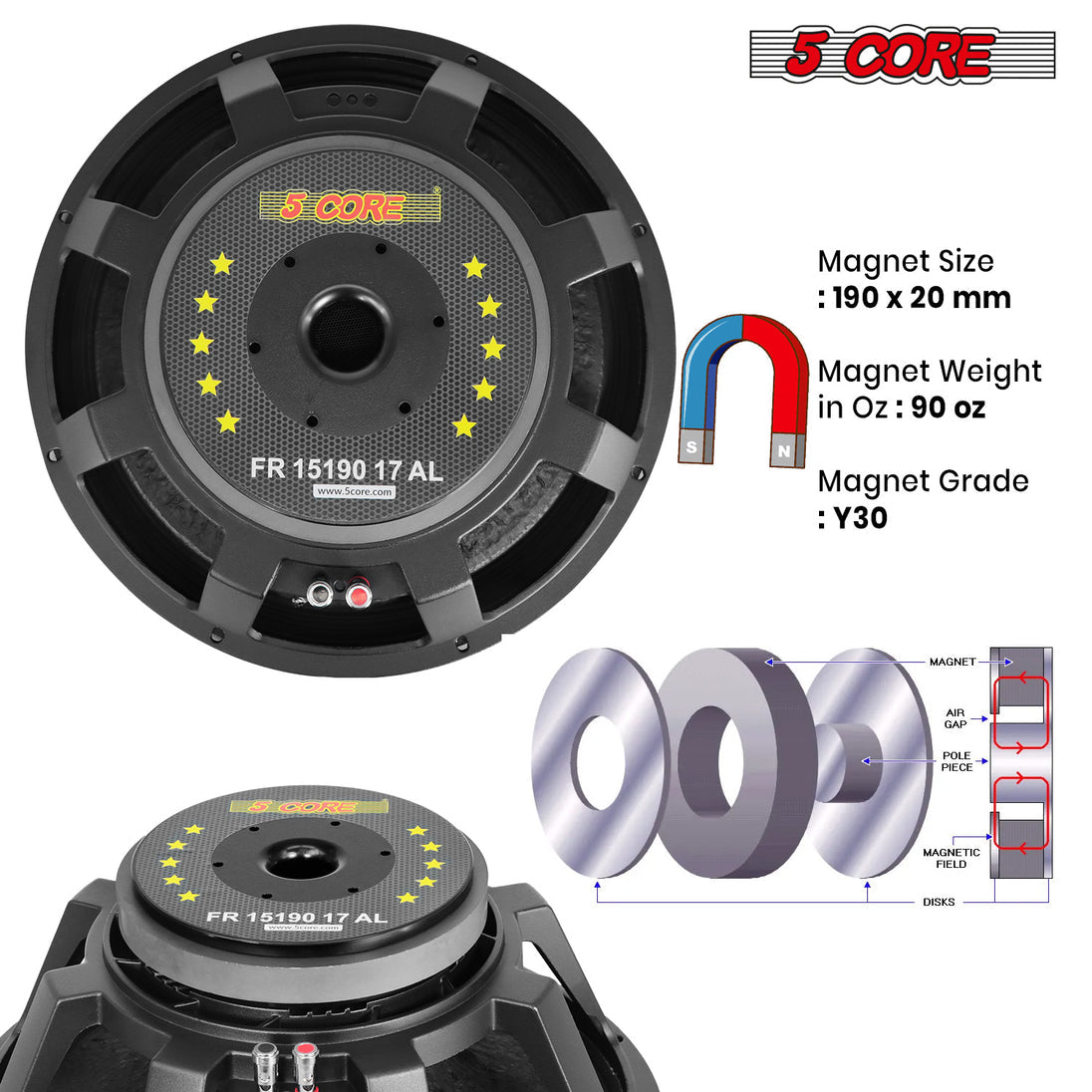 5Core 15 Inch Subwoofer Speaker 1500W Peak 8Ohm Full Range Replacement DJ Sub Woofer