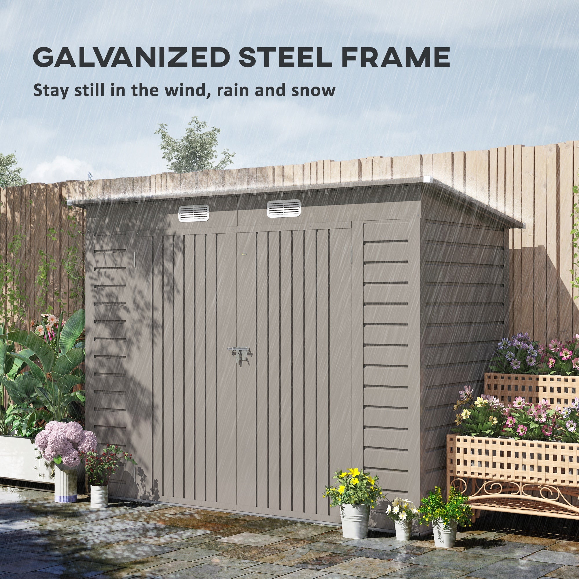 Outsunny 8 x 4FT Galvanized Garden Storage Shed, Metal Outdoor Shed with Double Doors and 2 Vents, Light Grey 