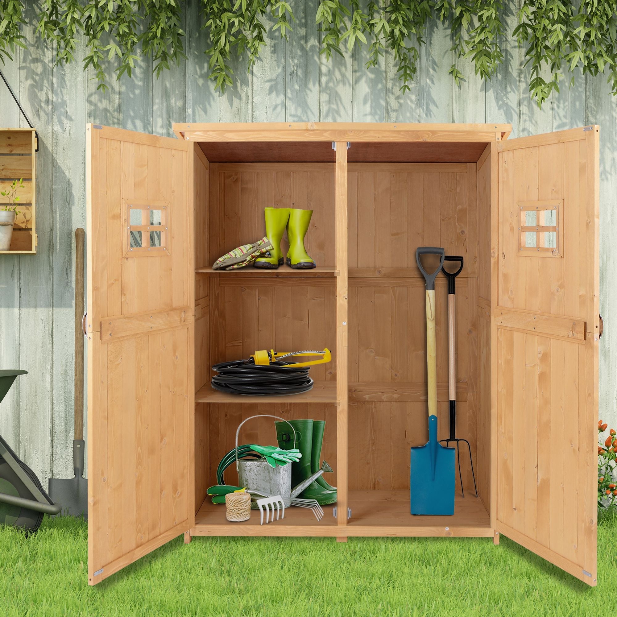 Outsunny 4x1.5ft Wooden Garden Storage Shed, Outdoor Tool Cabinet Organizer with Windows and Double Door, Nature Wood 