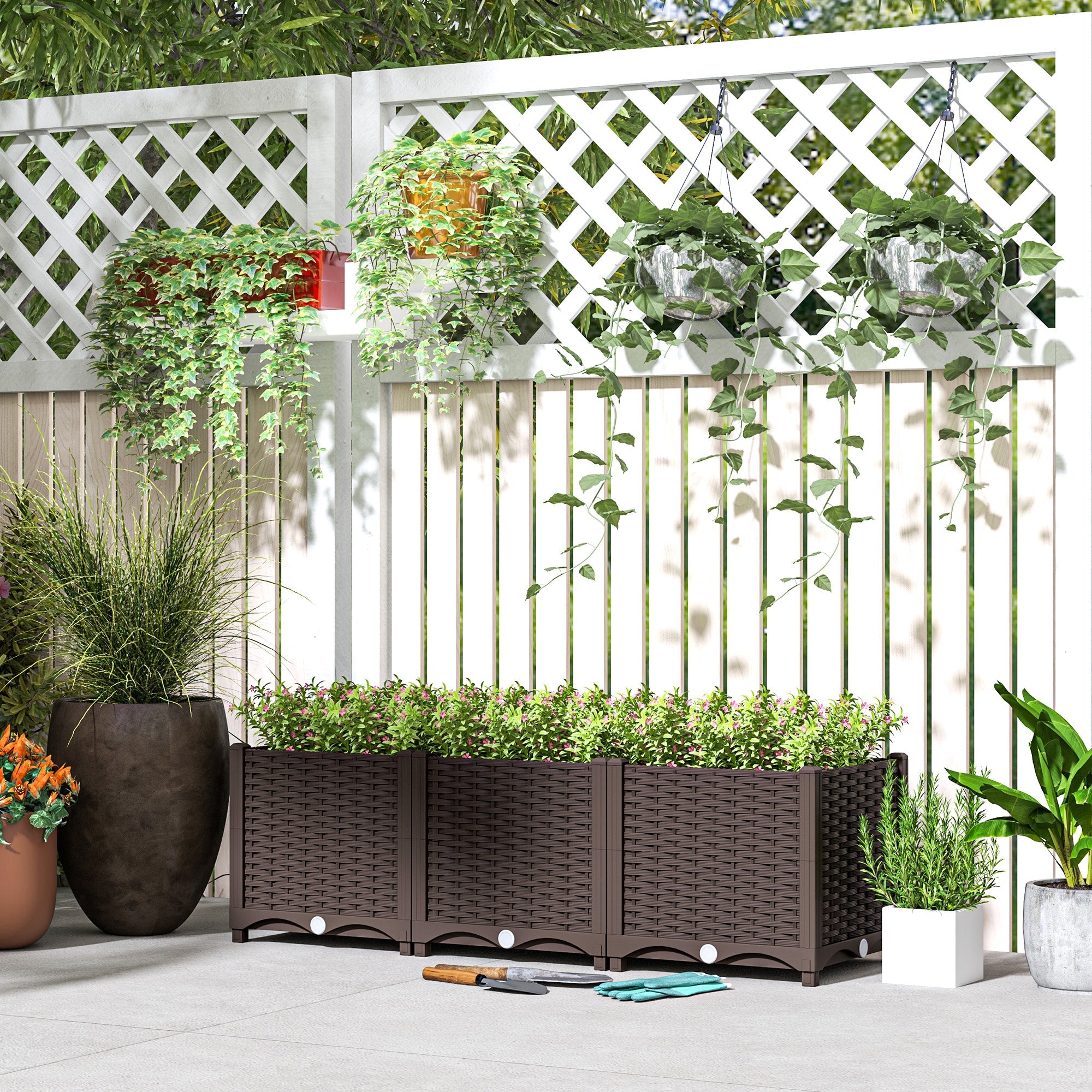 Outsunny Plastic Raised Garden Bed, Outdoor Planter Box with Drainage Holes for Patio, Balcony, 47.2" x 15.7" x 14.6", Brown 