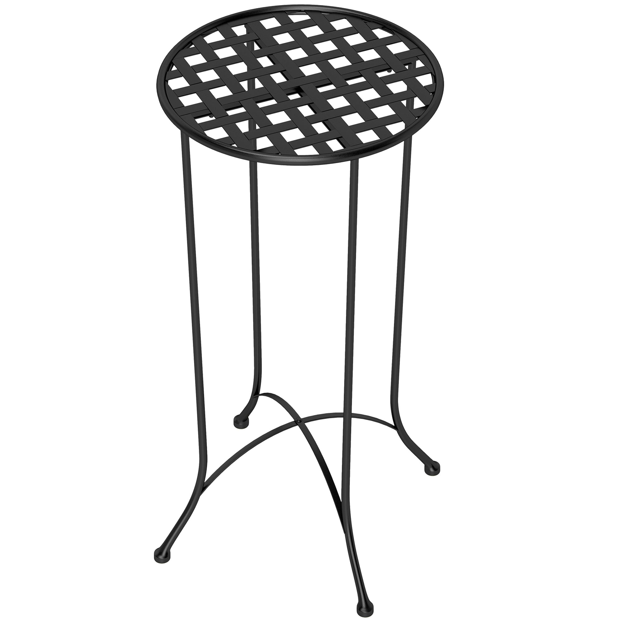 Outsunny 16" Round Outdoor Table, Small Patio Side Table, Metal End Table Plant Stand with Grid Top for Indoor, Garden, Black 
