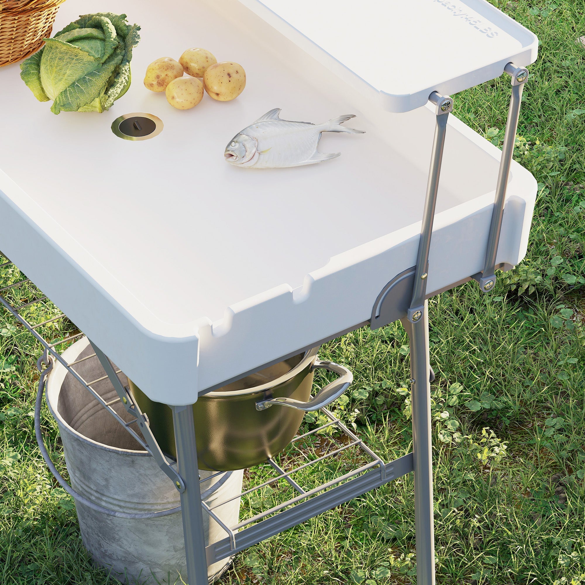 Outsunny 3.5ft Folding Ice Cooler Table with Drain, 2-Tier Party Cooler Table Outdoor Cooler Table with Shelf, Patio Cooler Table for Party Picnic BBQ Camping Wedding, White 