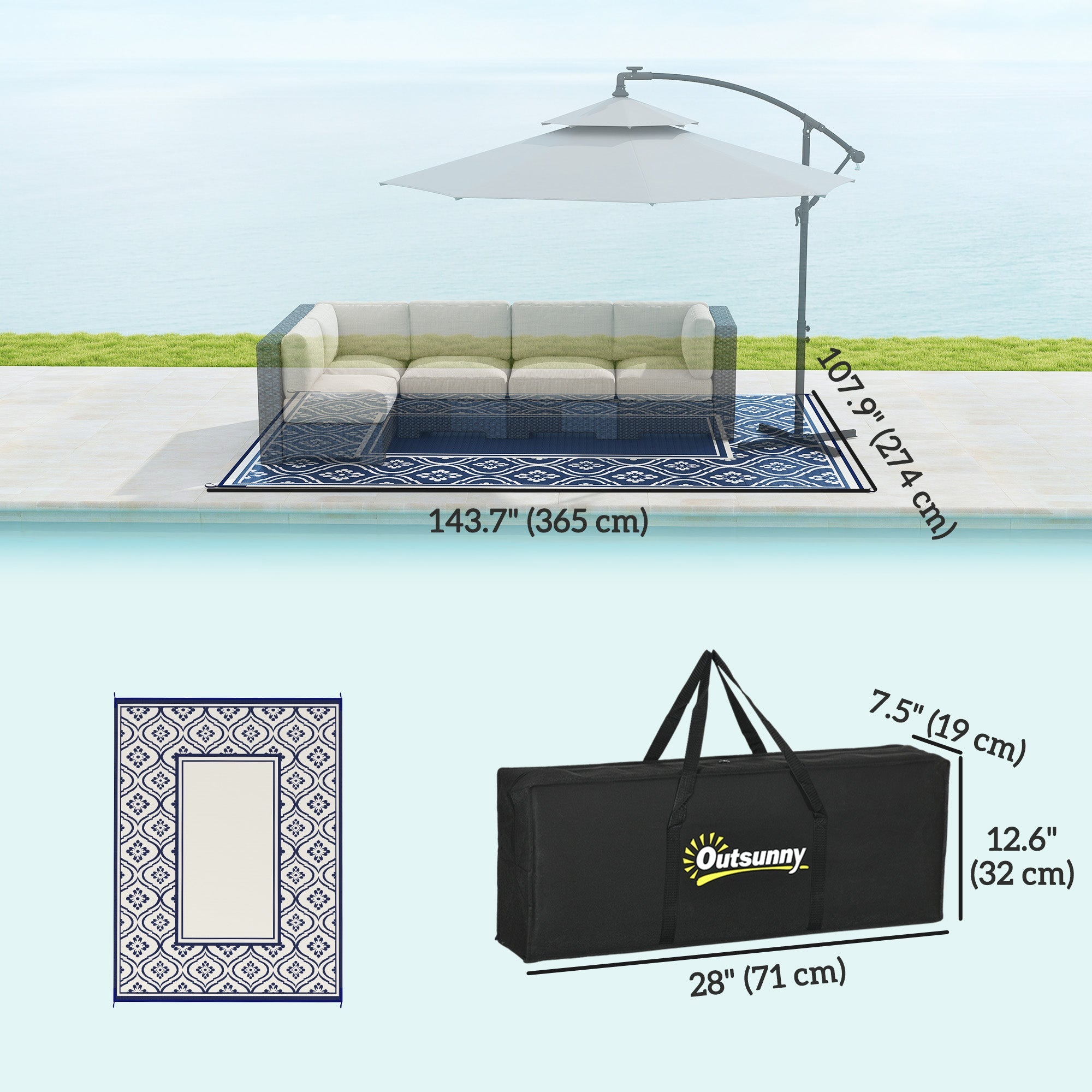 Outsunny 9' x 12' Outdoor RV Rug, Reversible Patio Floor Mat with Carry Bag, Gourd Border, Blue and White 