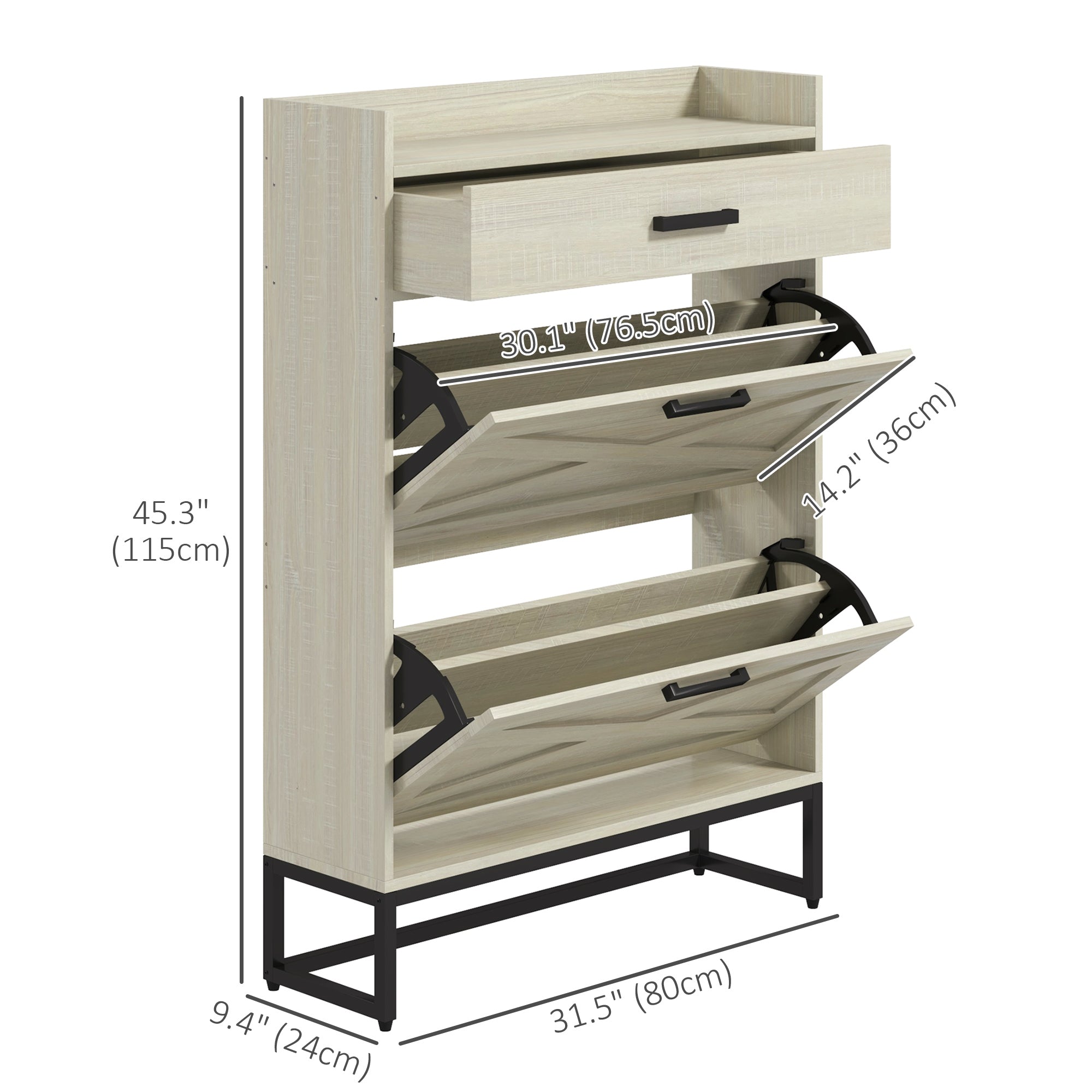 HOMCOM Narrow Shoe Cabinet Organizer with 2 Flip Drawers Adjustable Shelves for 12 Pairs Distressed White 
