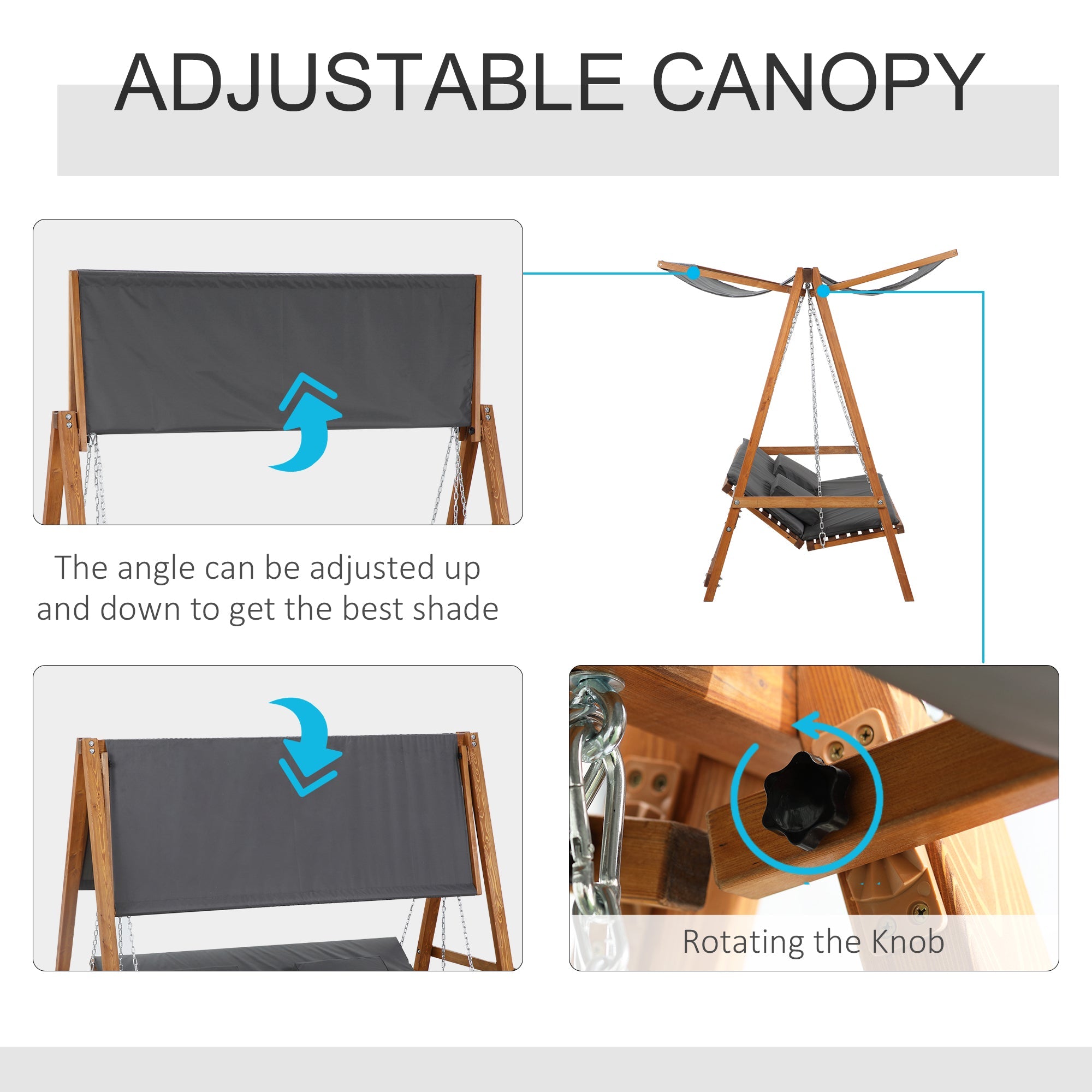 Outsunny 3 Seater Patio Swing Chair Convertible Cushioned Porch Swing Bed with Canopy, Wood Frame for Outdoor, Backyard, Garden 