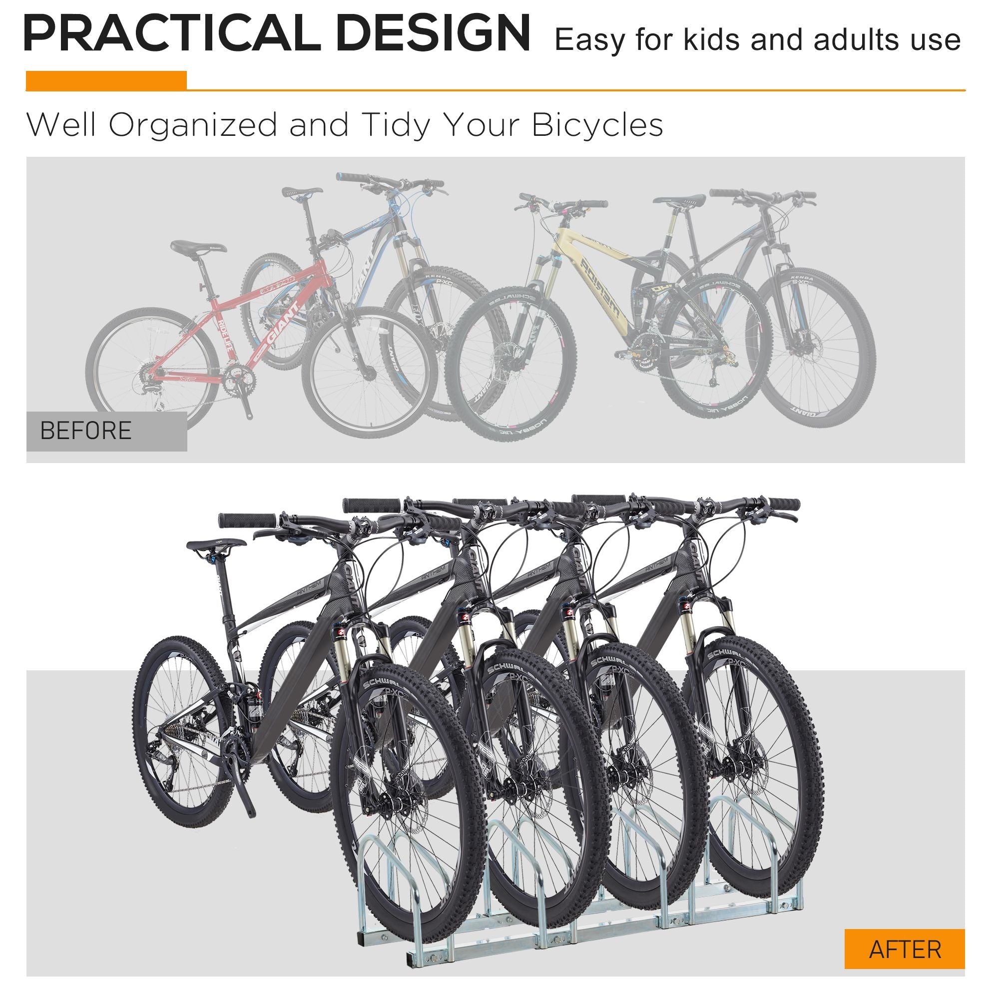 Soozier 4-Bike Bicycle Floor Parking Rack Cycling Storage Stand Garage Organizer for Indoor and Outdoor Use Silver 