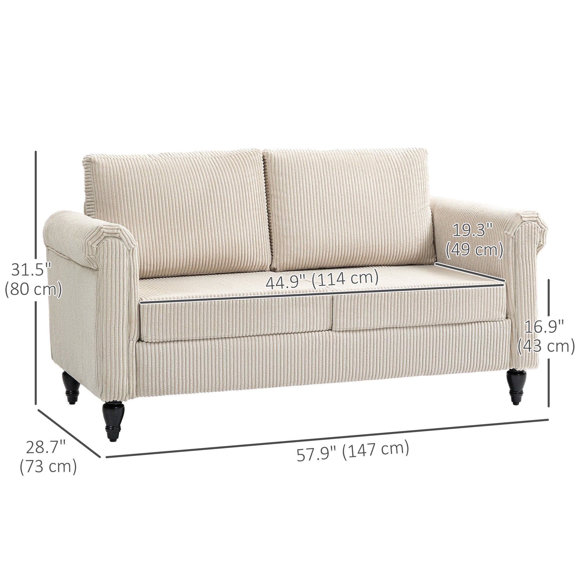 HOMCOM Vintage Loveseat, Upholstered Love Seat Furniture, Fabric 2 Seater Sofa with Rolled Arms, Rubber Wood Legs, Beige 