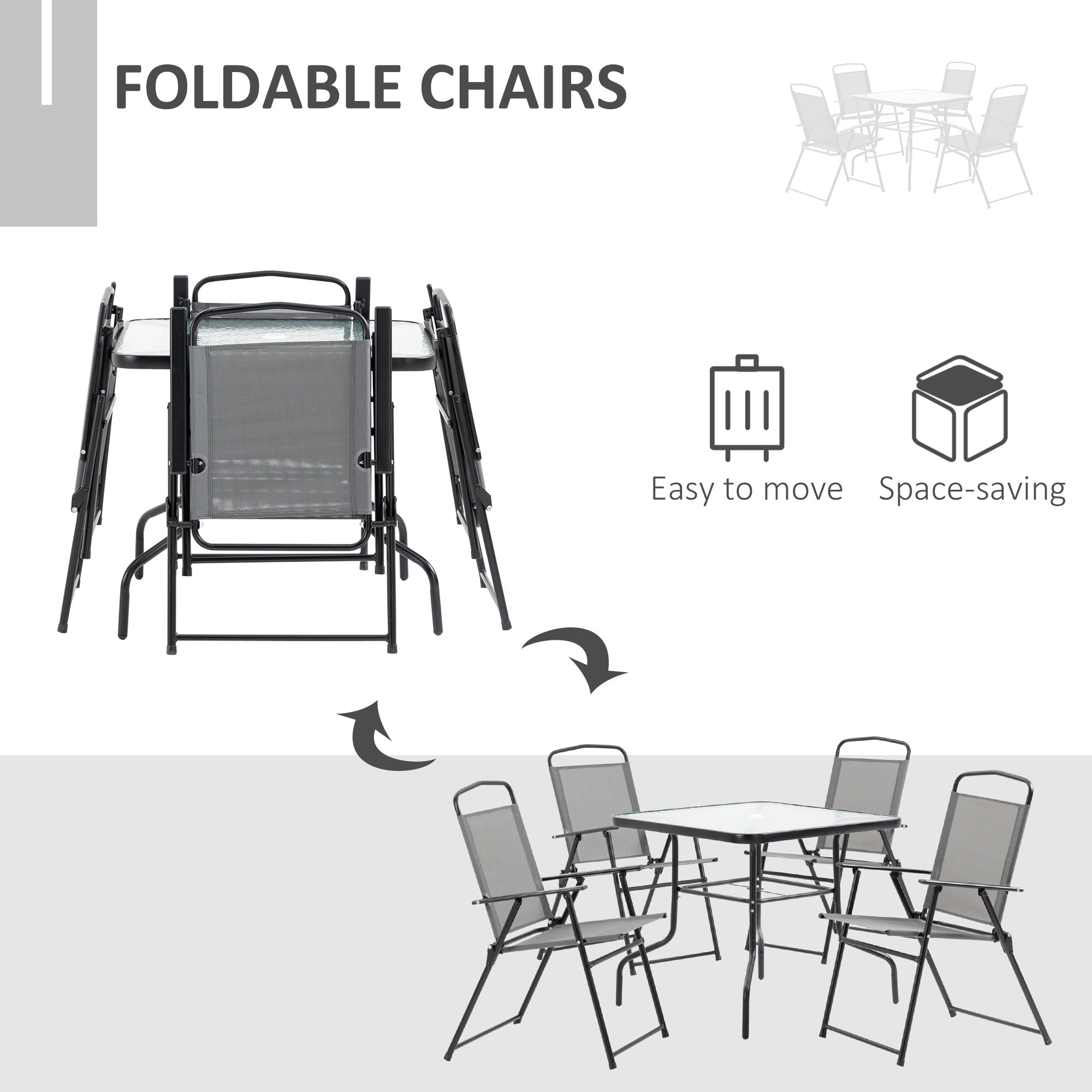 Outsunny 5 Pieces Patio Table and Chairs, Outdoor Dining Set with 4 Folding Chairs, Glass Tabletop and Parasol Hole, Grey 