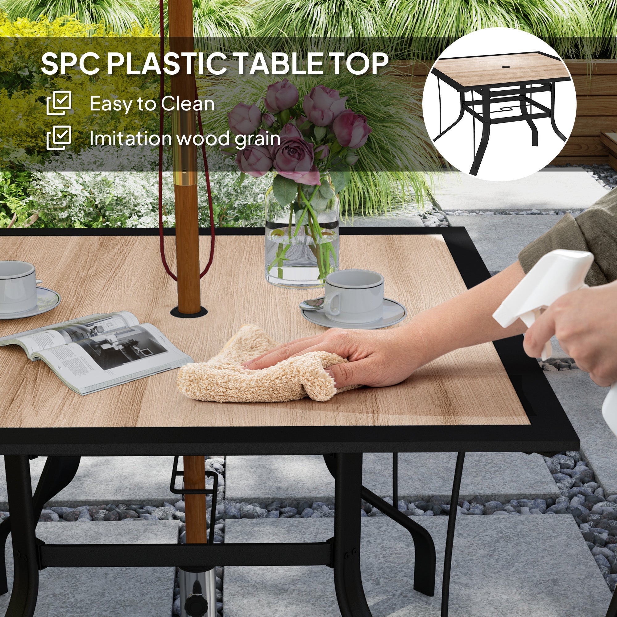 Outsunny 36" x 36" x 28" Square Patio Dining Table with Umbrella Hole, Easy to Clean Top & Rustproof Steel Frame, for Garden Pool 