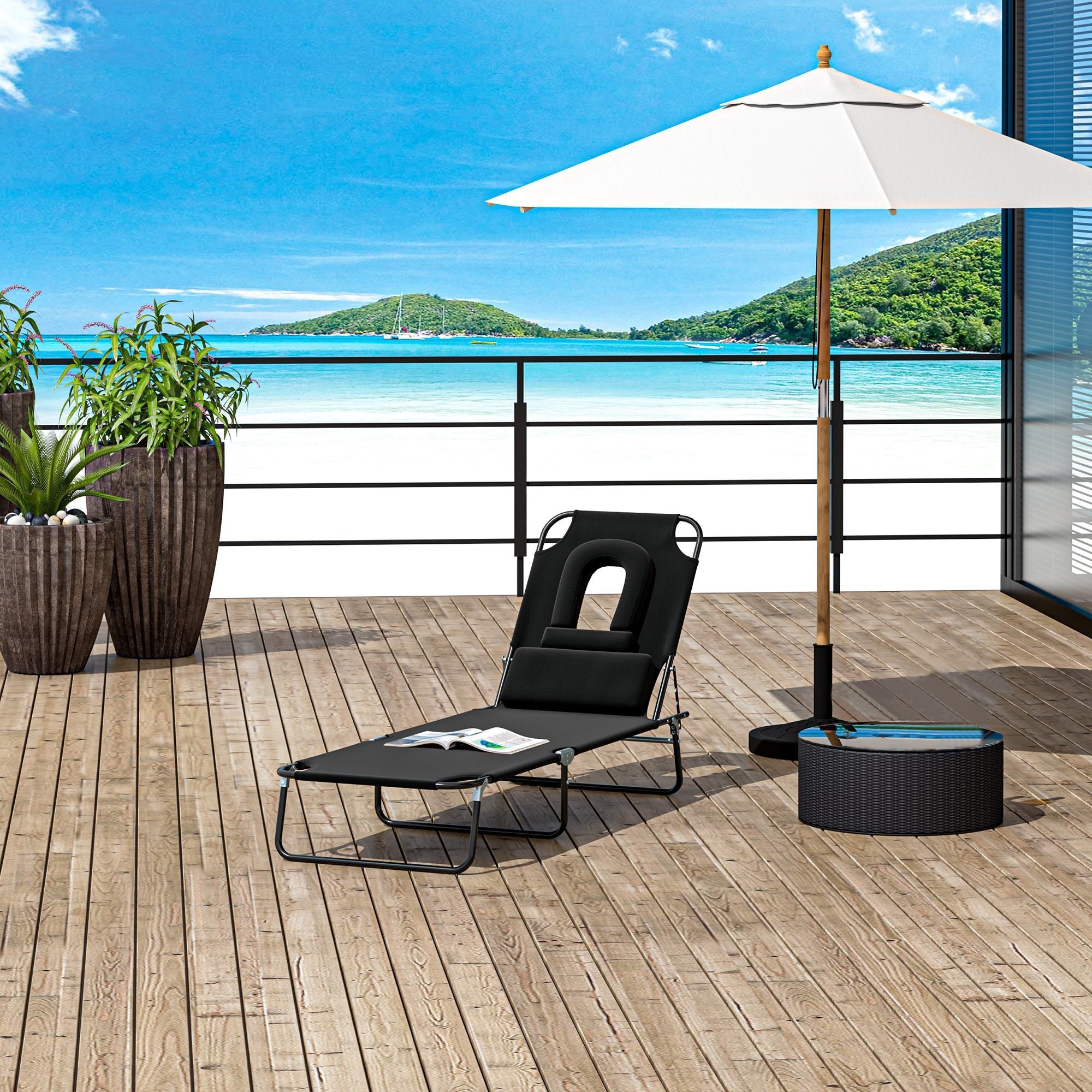 Outsunny Adjustable Garden Sun Lounger w/ Reading Hole Outdoor Reclining Seat Folding Camping Beach Lounging Bed Black 