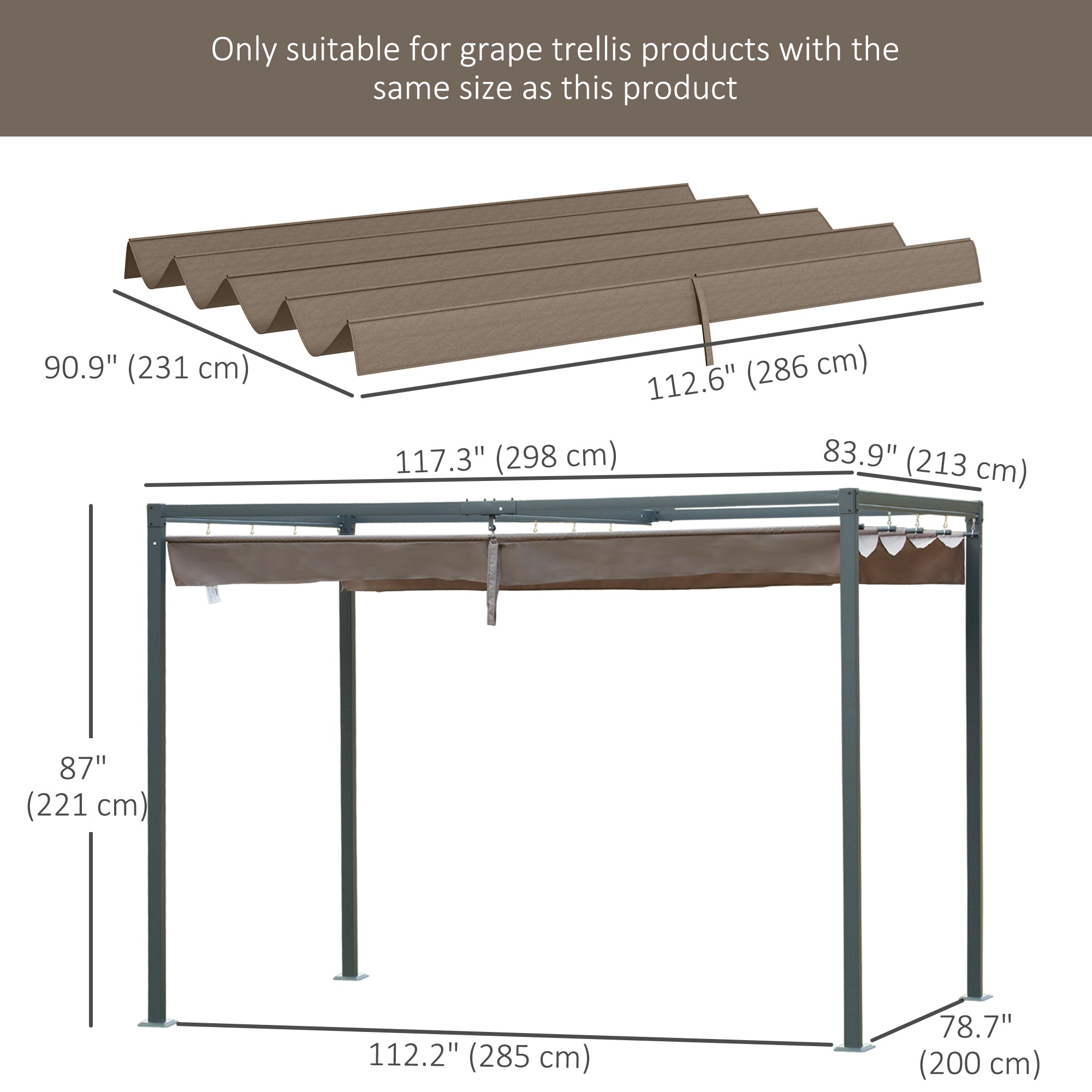 Outsunny Pergola Canopy, Retractable Sun Shade Cover for 9.8' x 7.1' Pergola, UV30+ Protected, Coffee 