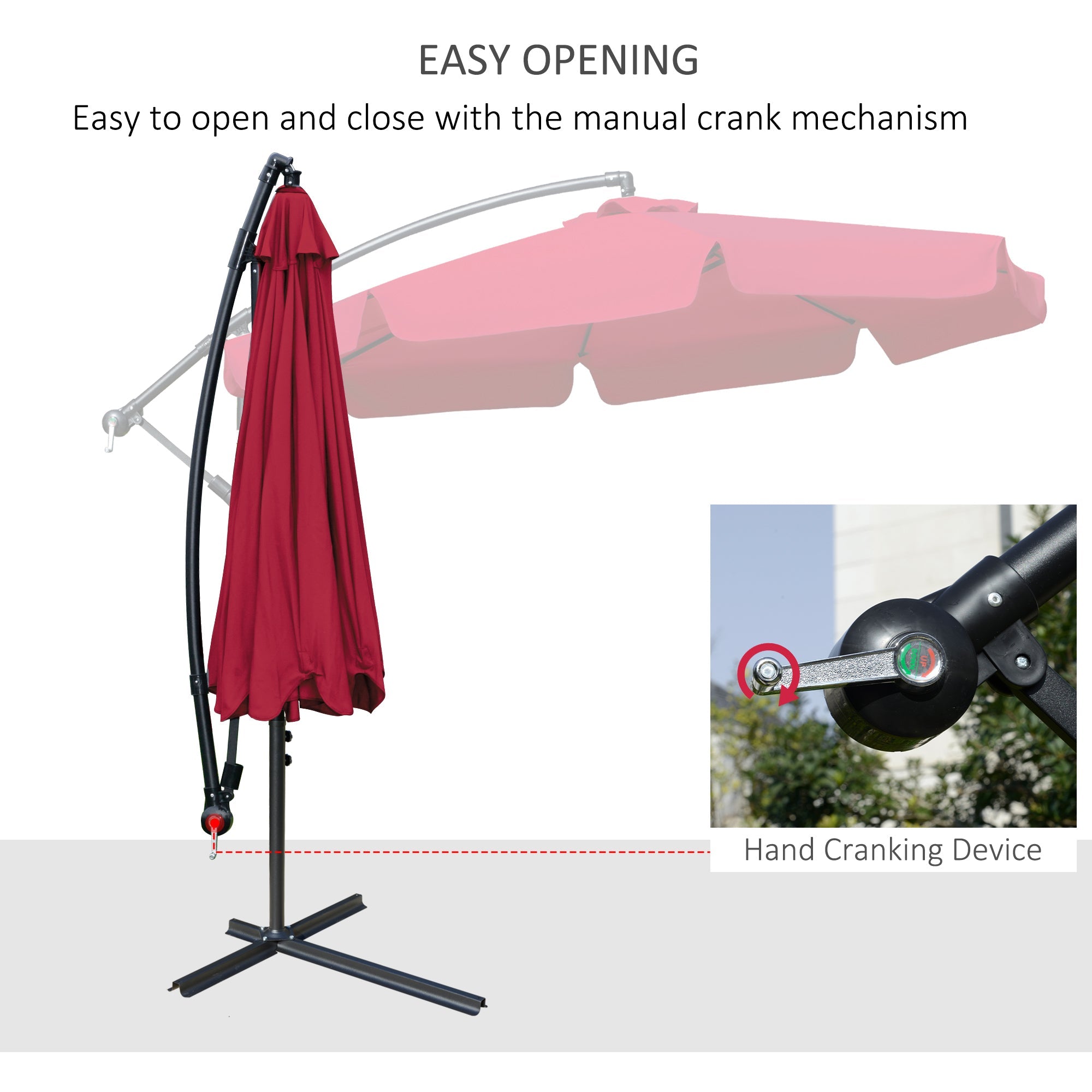 Outsunny 9FT Offset Hanging Patio Umbrella: Red Easy Crank Tilt Cross Base 8 Ribs UV Blocking Canopy 