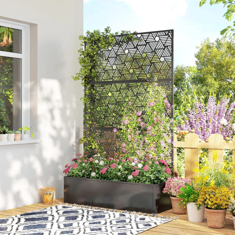 Metal Planter Box with Trellis, 70" Tall Raised Garden Bed with Privacy Screen, Hexagon and Line Cut-Out