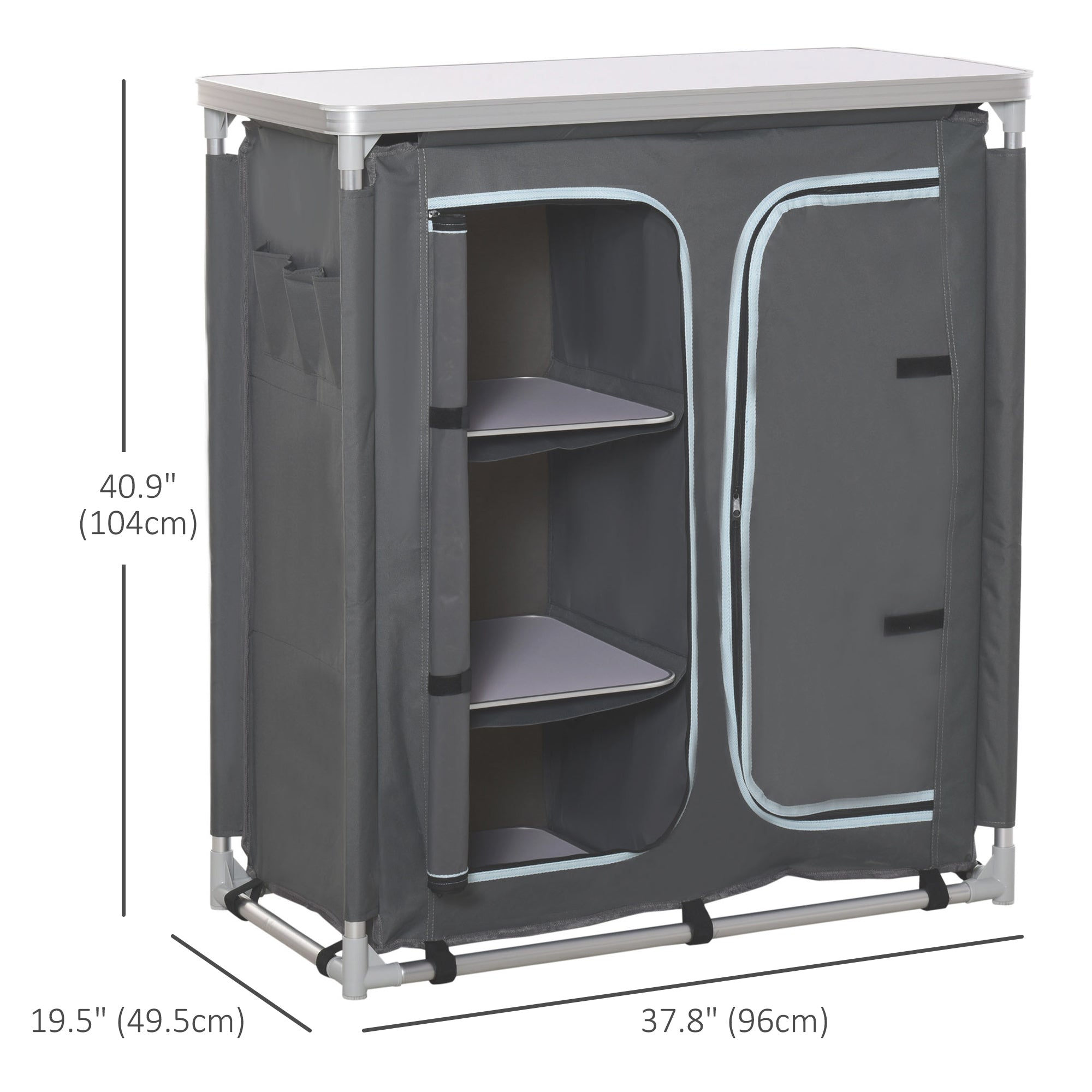 Outsunny Portable Camping Kitchen Table Aluminum BBQ Station with Storage Organizer 3-Shelf Cupboard for Outdoor Party Picnic Grey 
